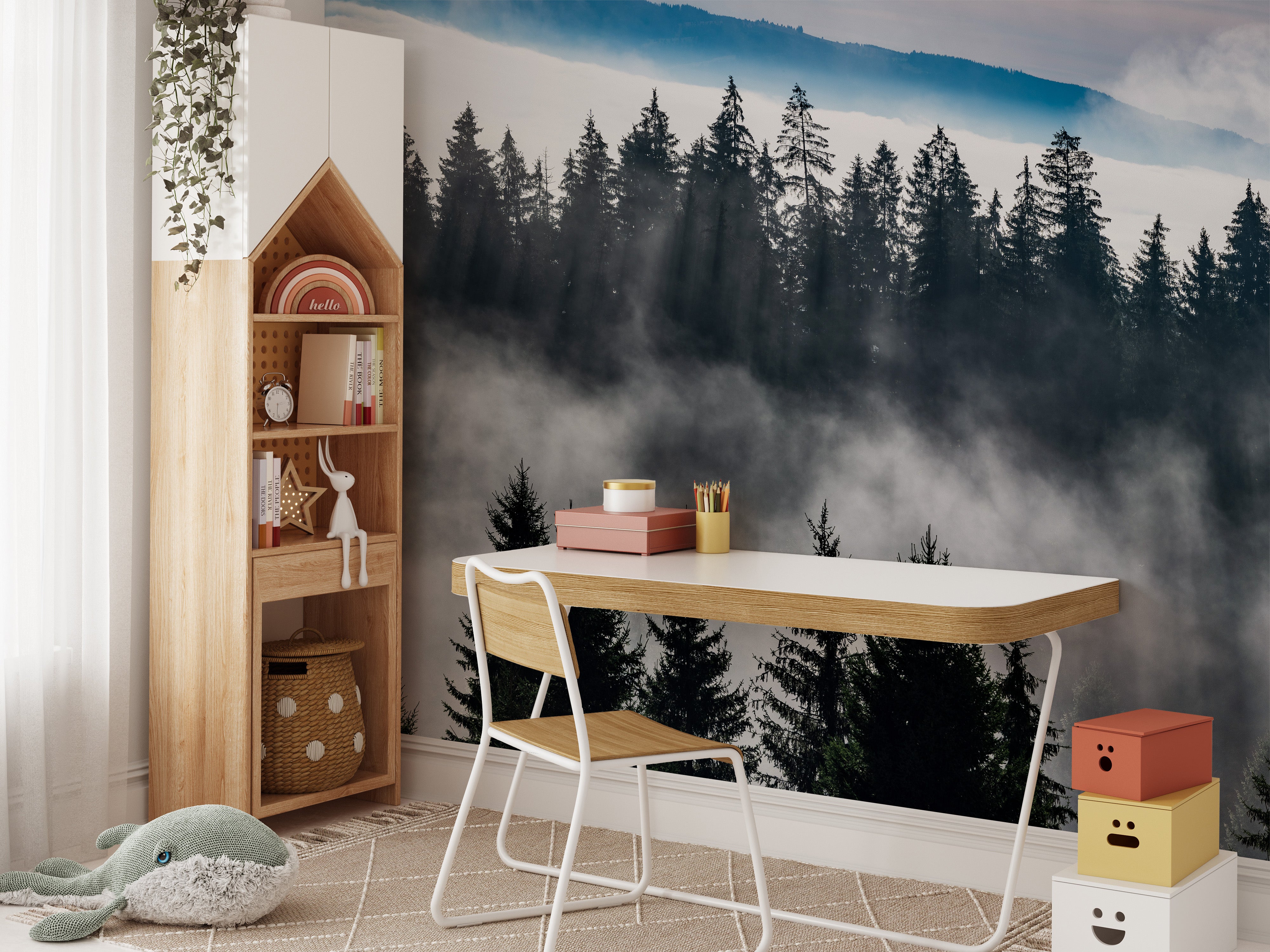 Misty forest mountain wallpaper mural design