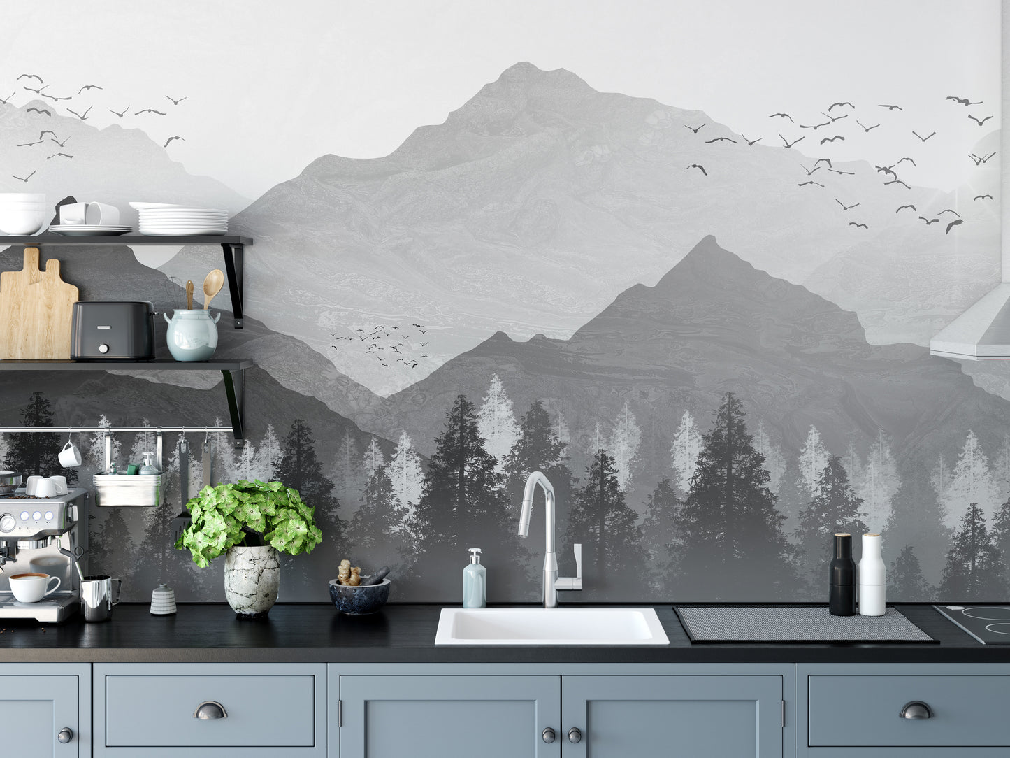 Black and White Mountain Ranges Wallpaper Mural