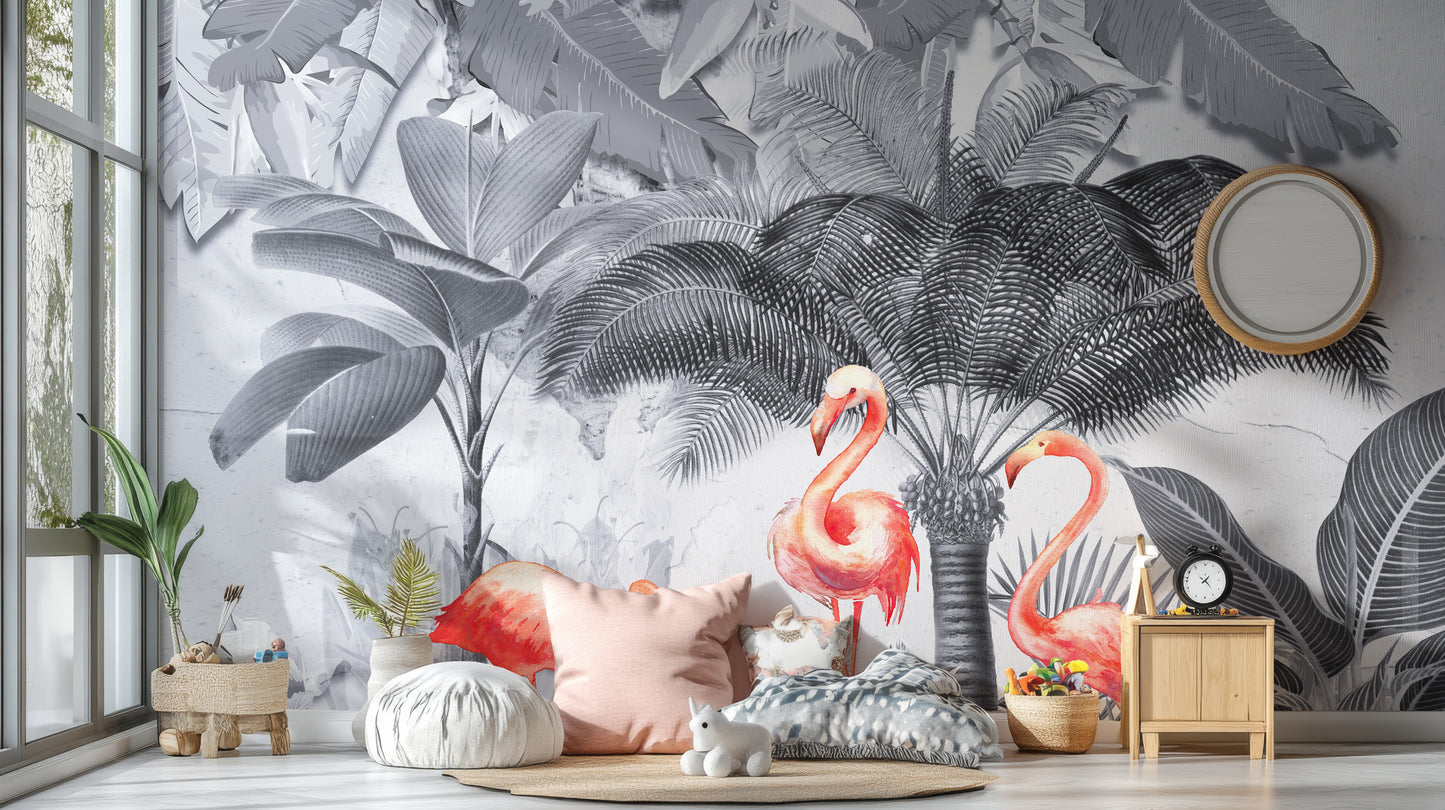 Monochrome Forest Pink Flamingo Wallpaper Murals