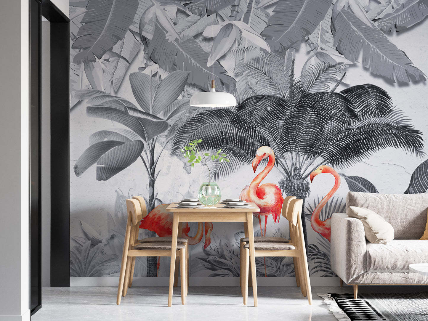 Monochrome Forest Pink Flamingo Wallpaper Murals