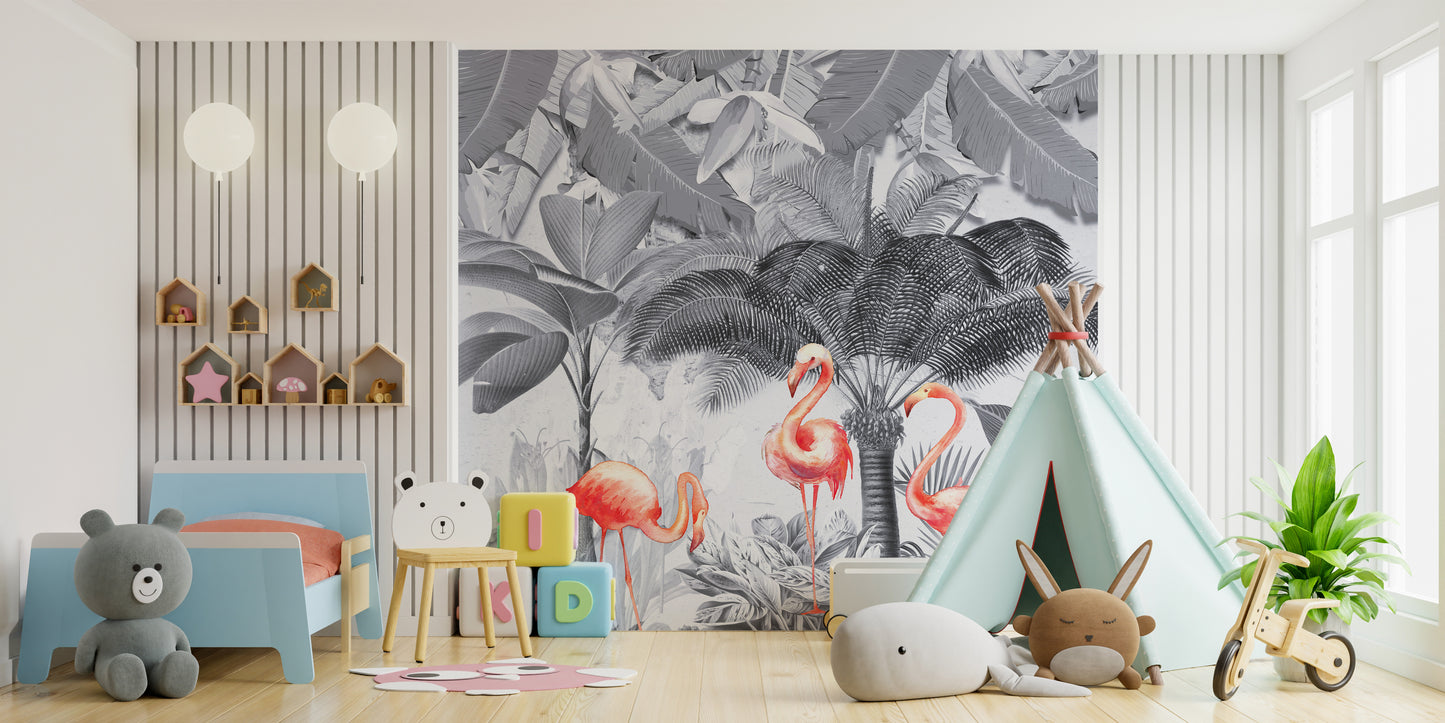 Monochrome Forest Pink Flamingo Wallpaper Murals