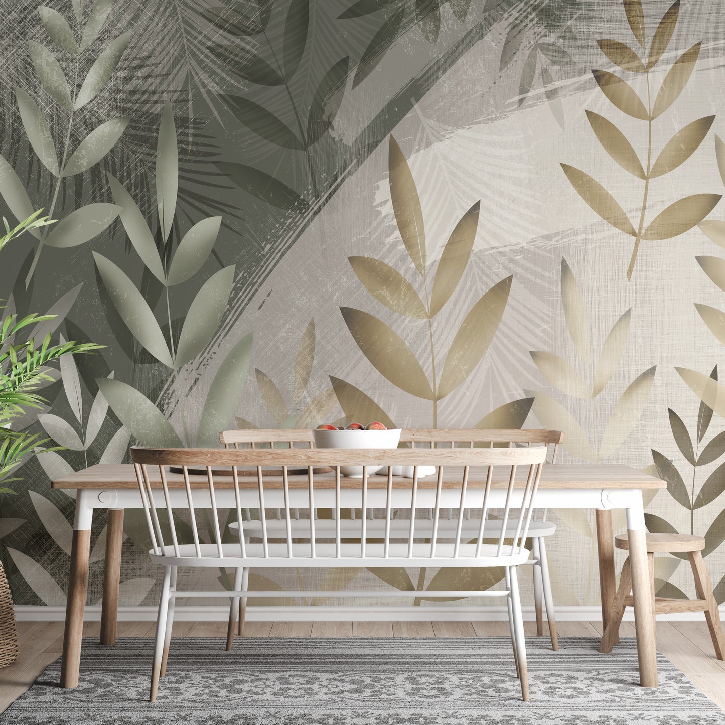 Green and Beige Color Leaves Wallpaper Murals