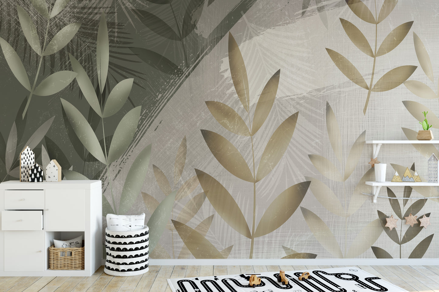 Green and Beige Color Leaves Wallpaper Murals