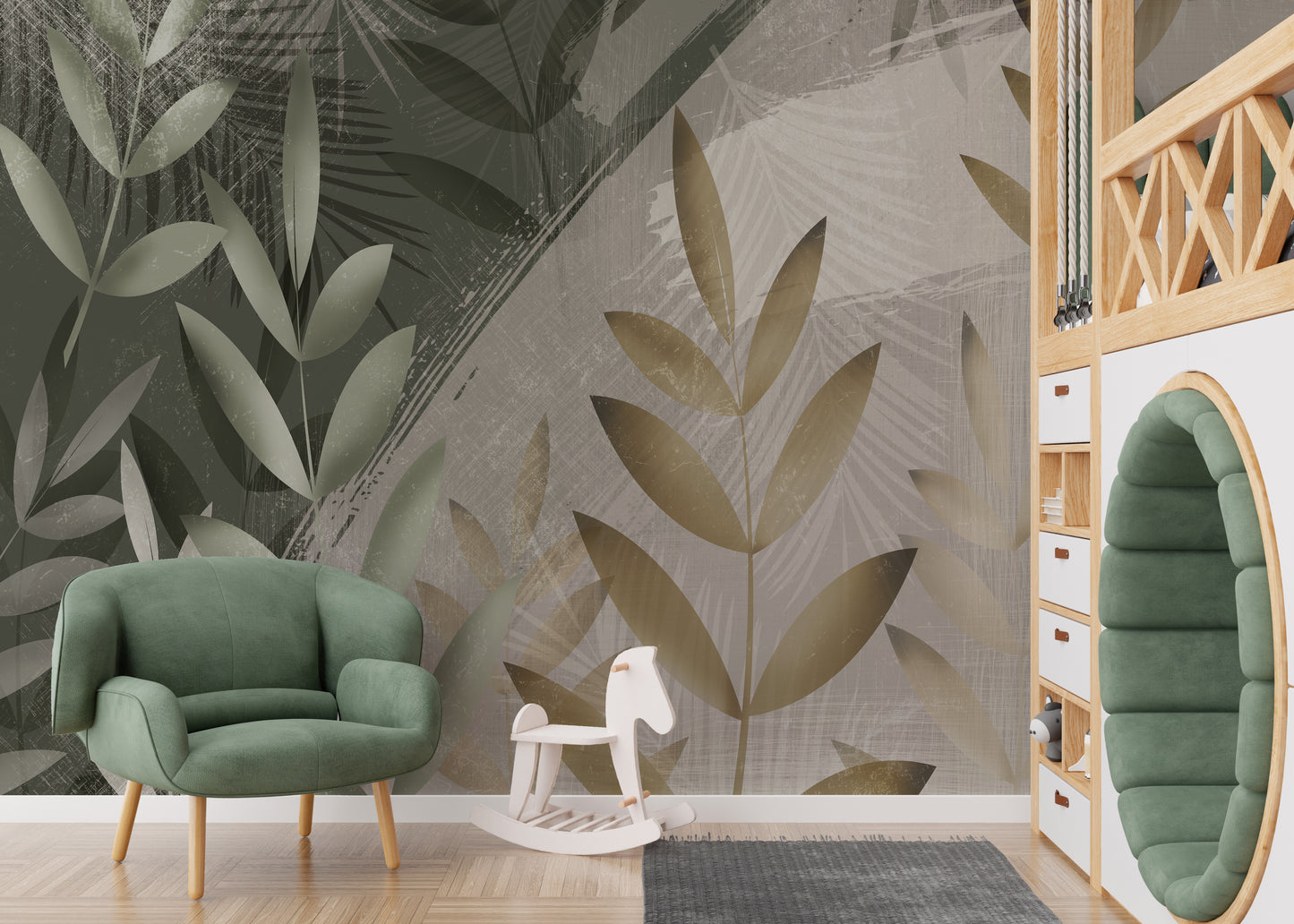 Green and Beige Color Leaves Wallpaper Murals