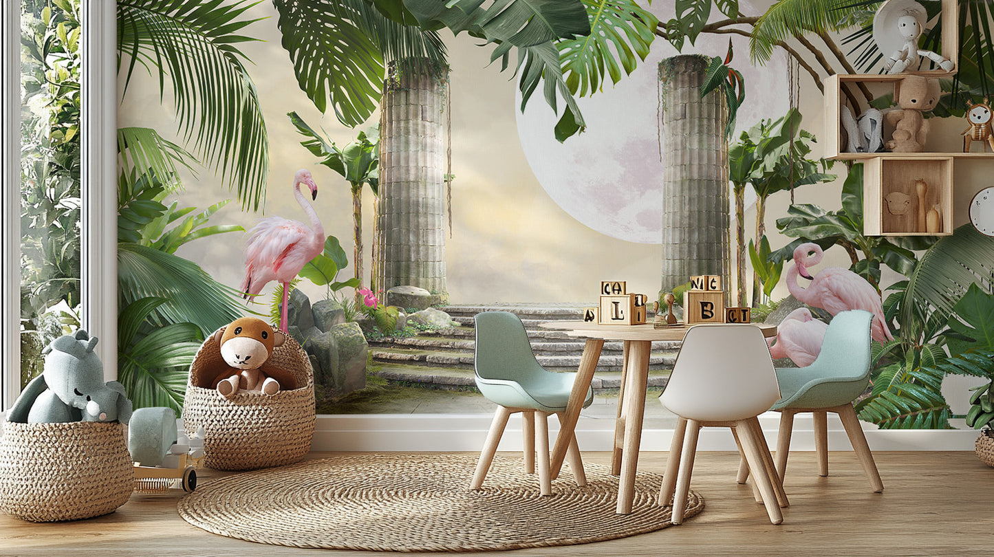 Moon Flamingo Banana Leave Wallpaper for Walls