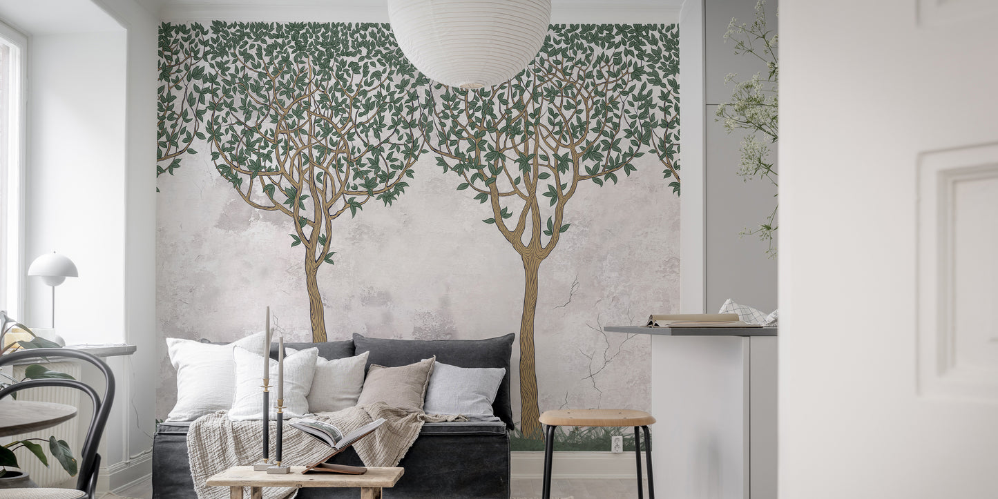 Green Painted Trees Concrete Wall Paper Murals