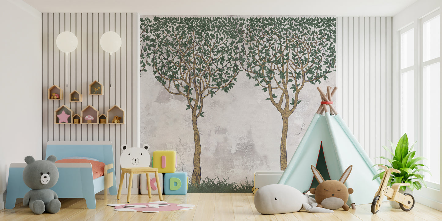 Green Painted Trees Concrete Wall Paper Murals