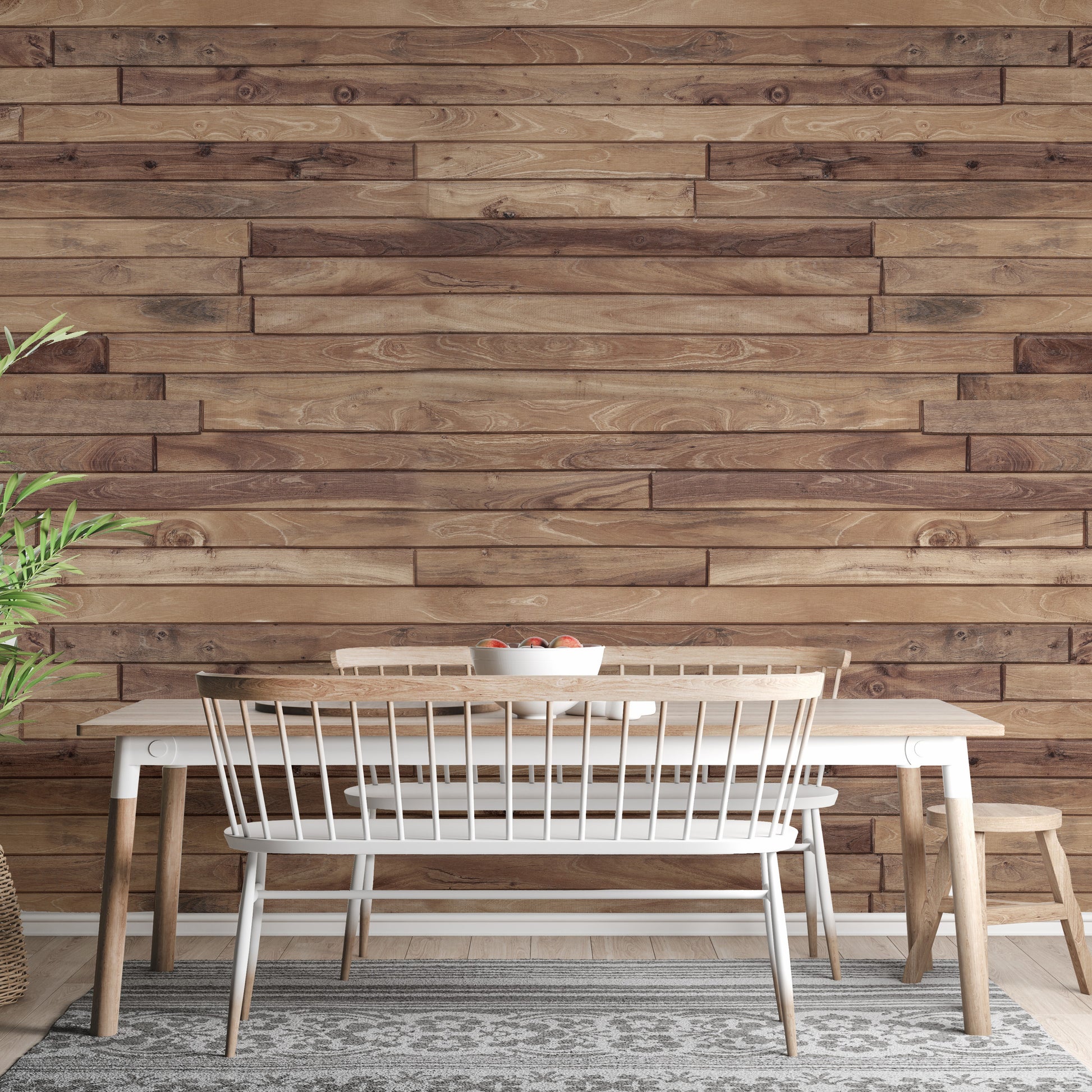 Horizontal wooden and brick wall decor
