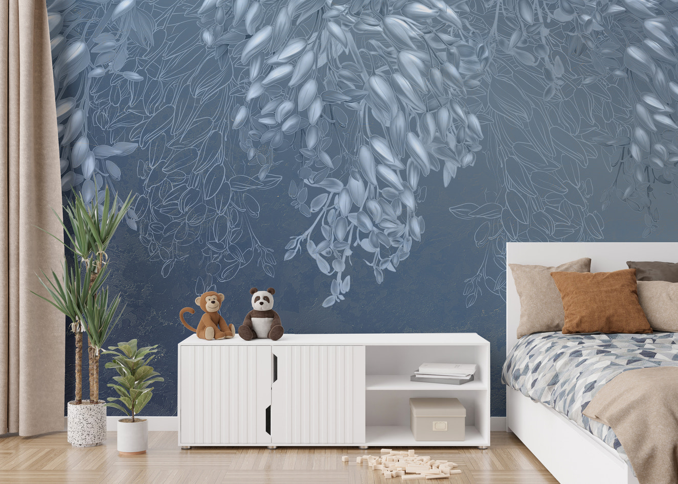 Blue and White Floral Wall Mural