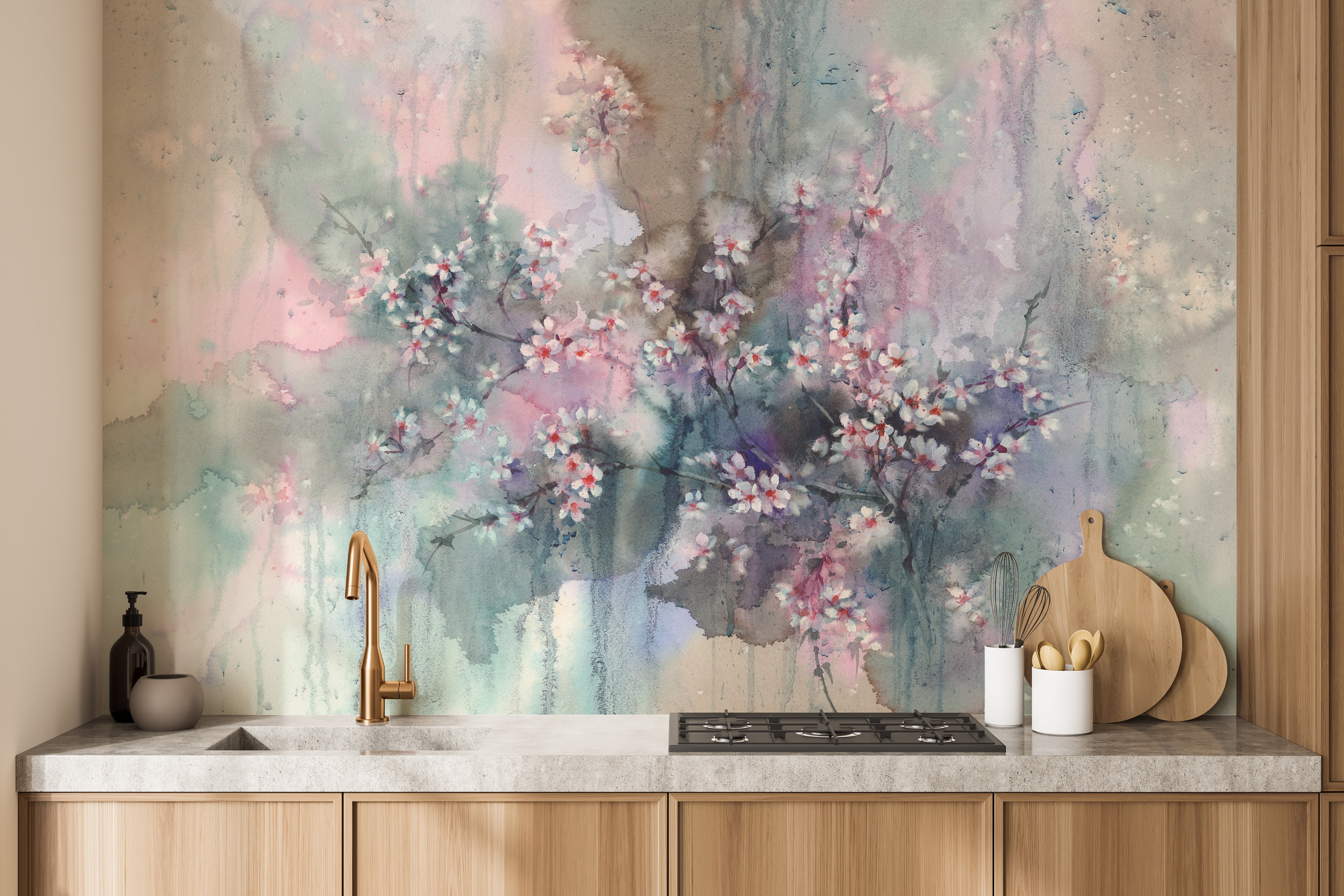 Subtle Watercolor Sakura Wall Covering