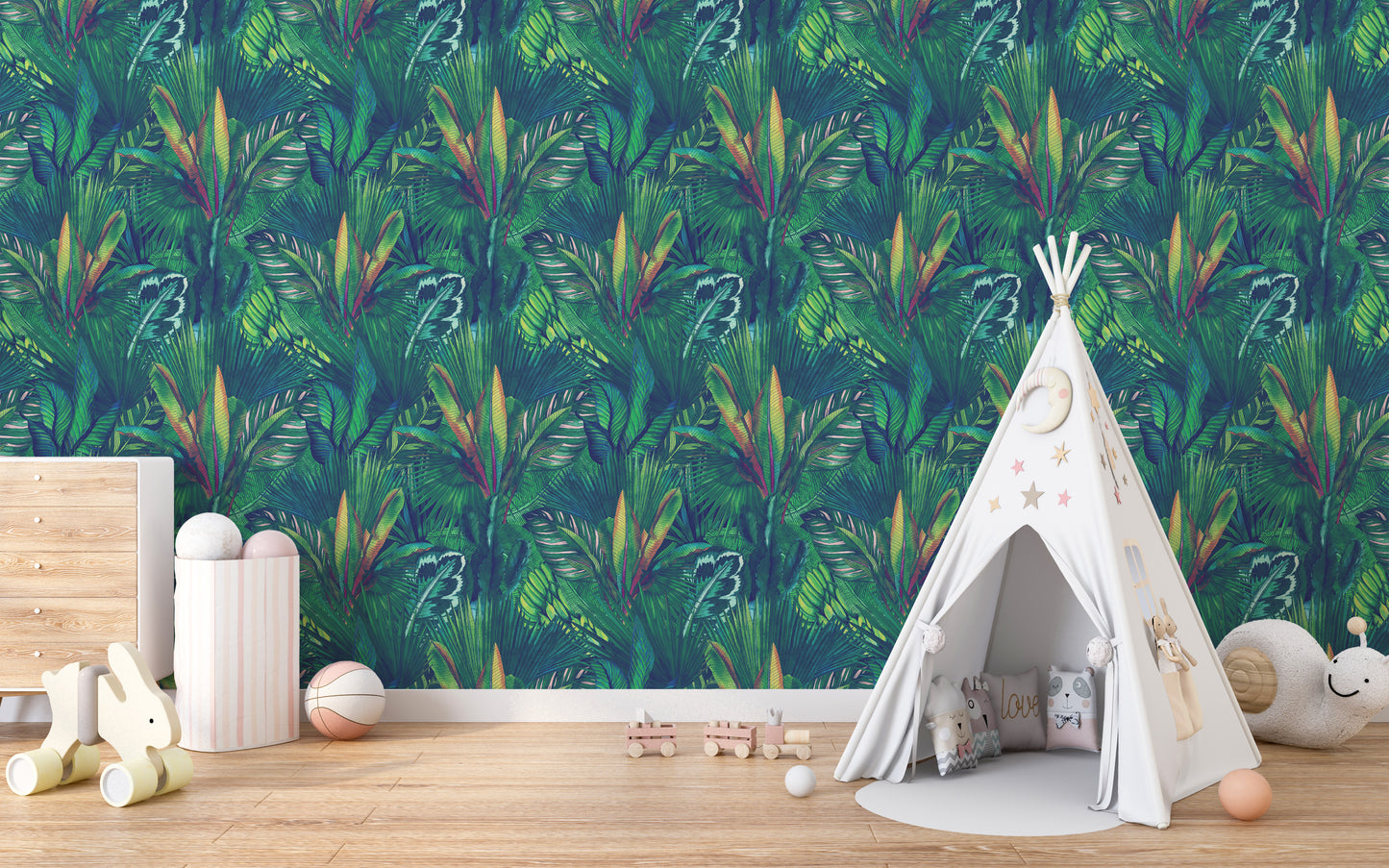 Peel and stick tropical leaf wall design