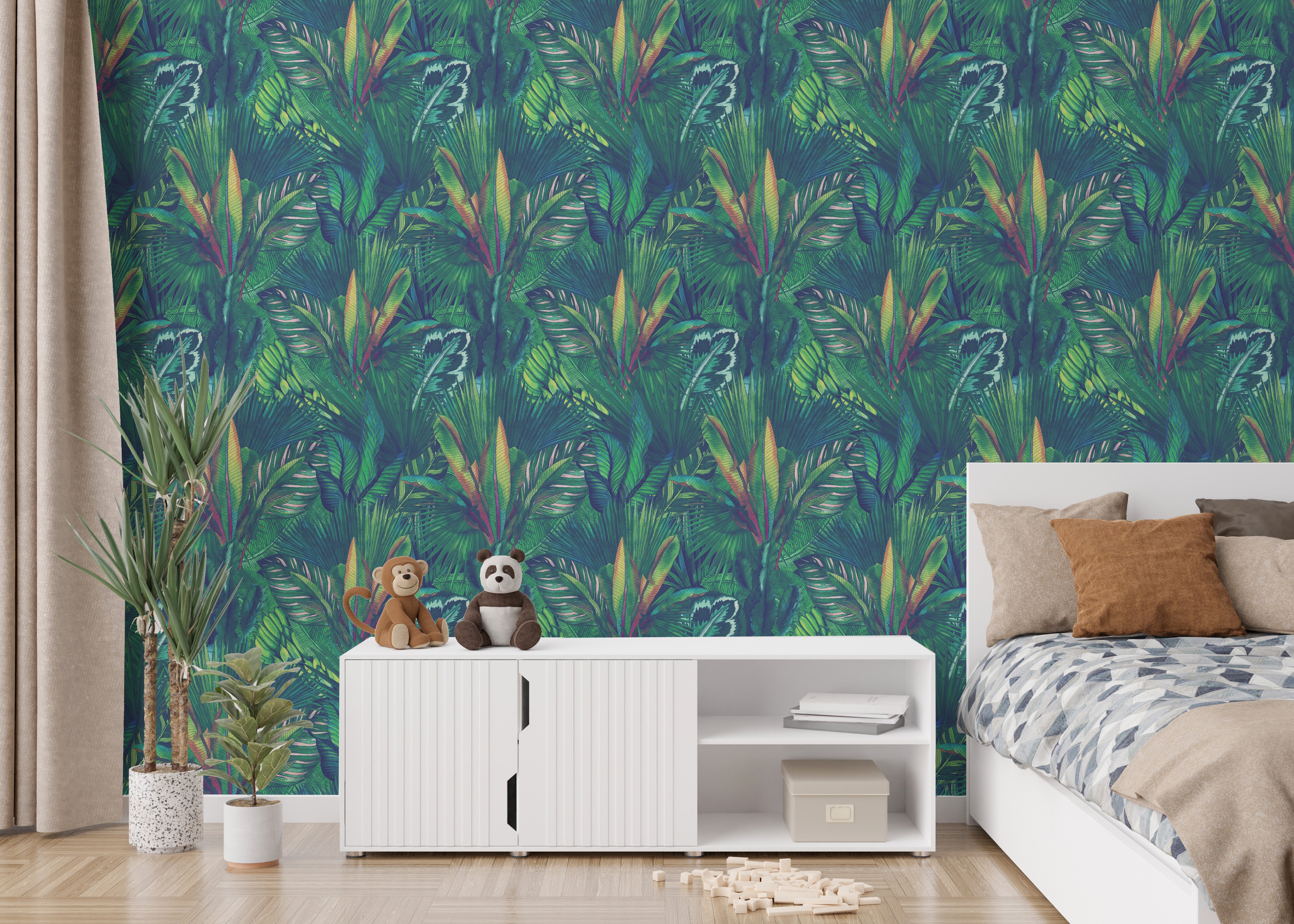 Peel and stick tropical green wallpaper
