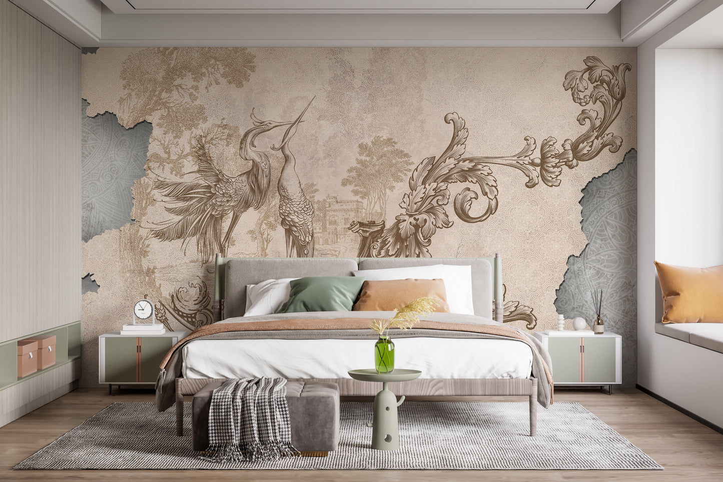 Ornamental Rococo wallpaper with beige hues