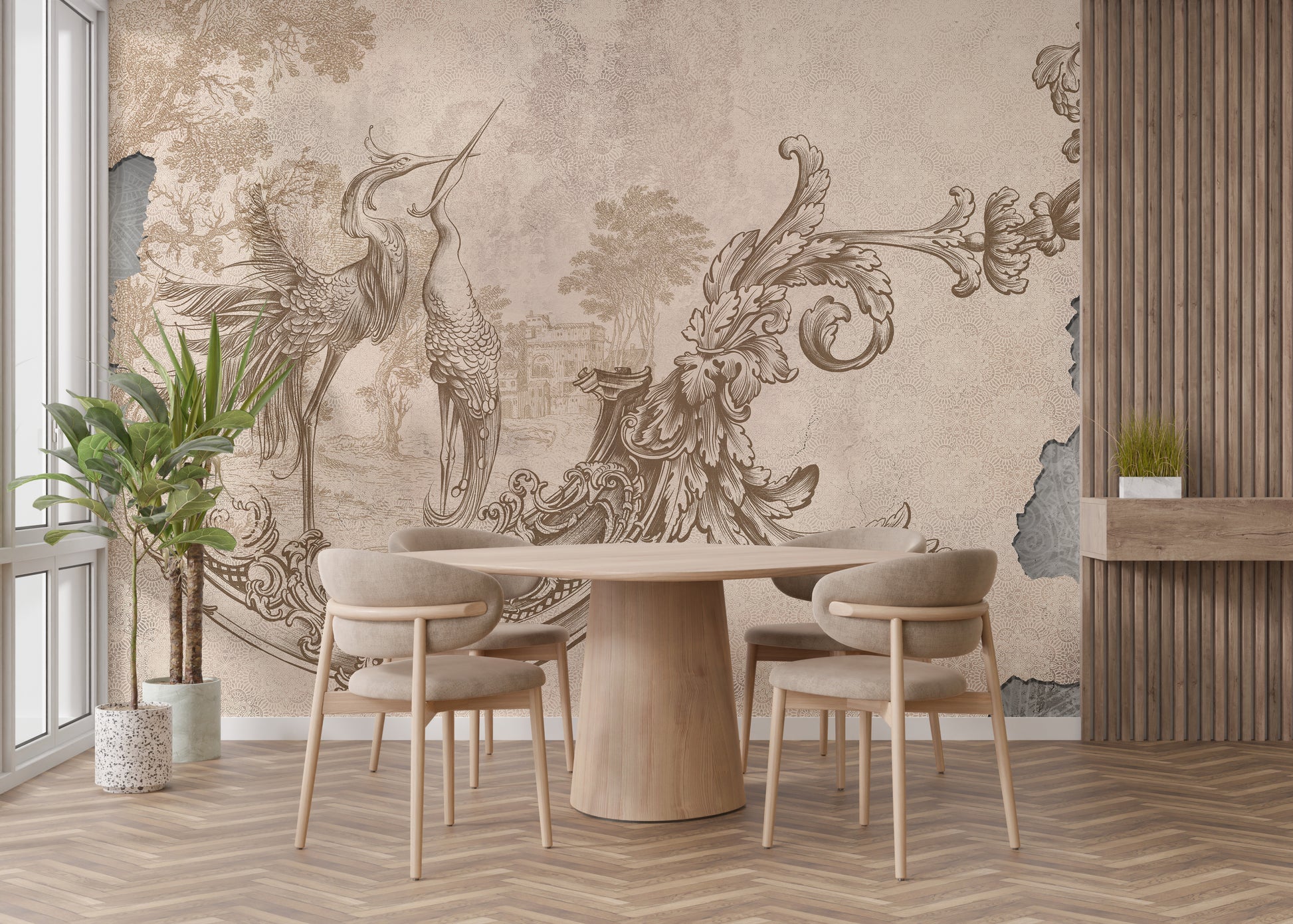 Beige-toned Rococo design wallpaper art