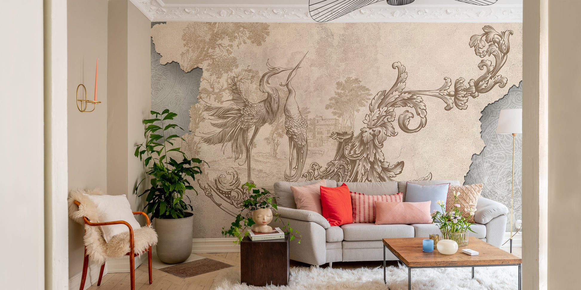 Beige Rococo-inspired vintage wallpaper