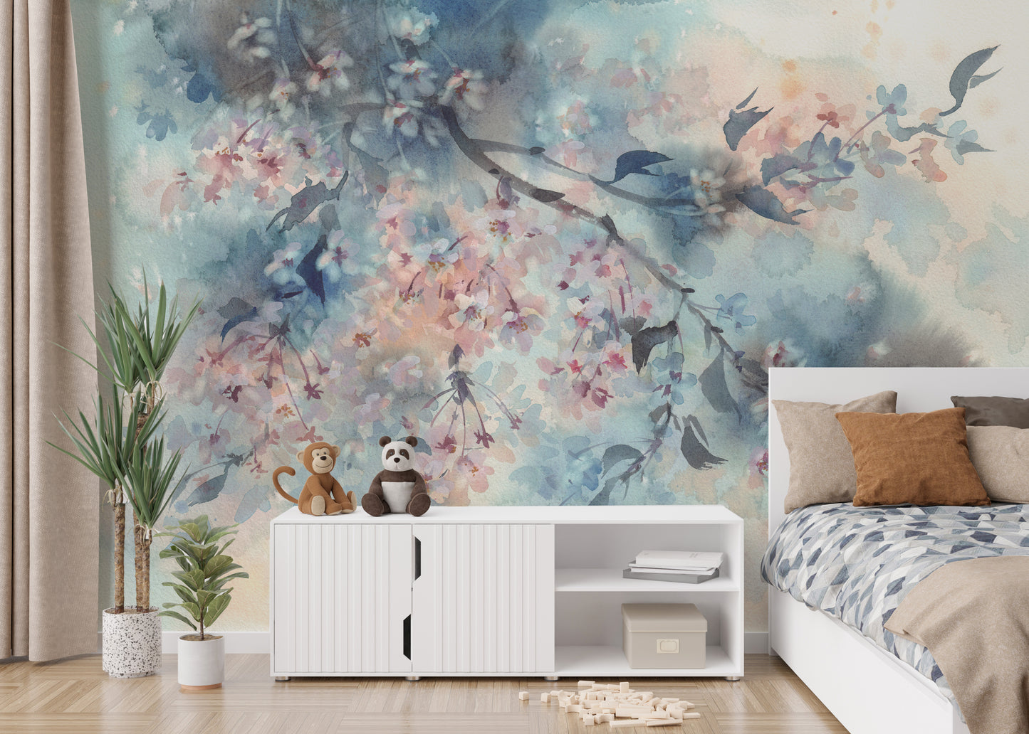 Peach-toned floral wall mural design
