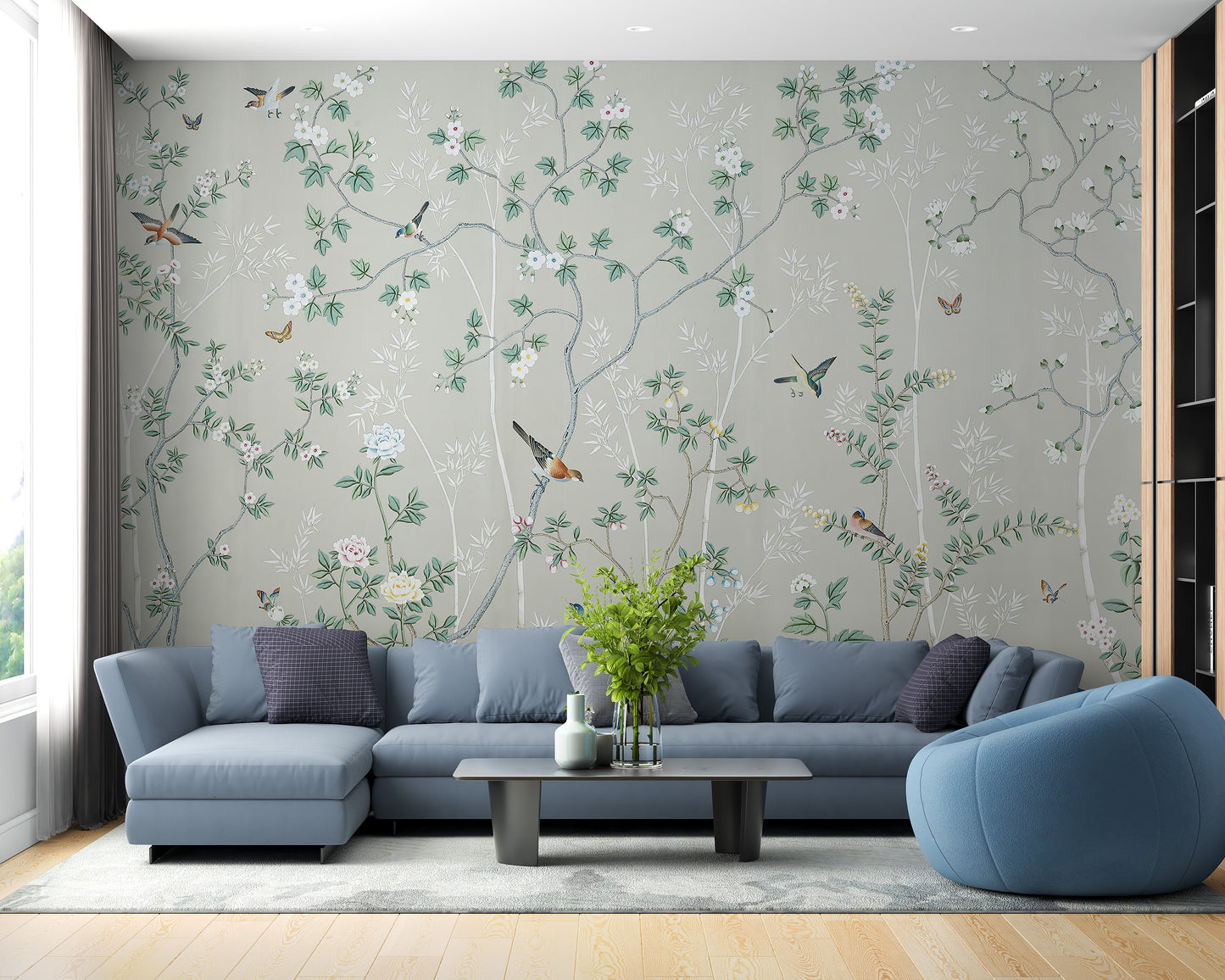 Gray and green Chinoiserie leaf wallpaper
