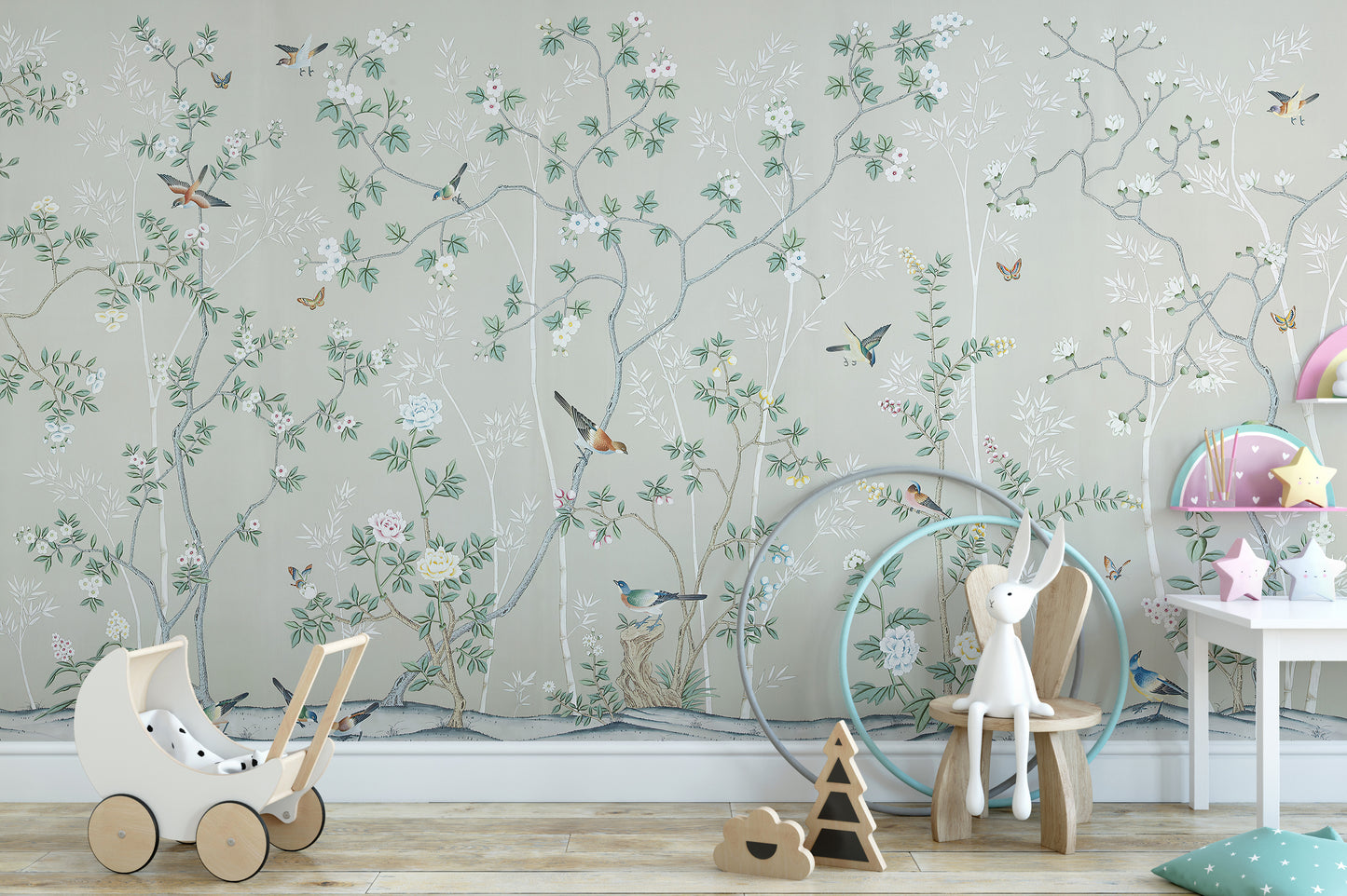 Gray & Green Leaves Chinoiserie Wallpaper