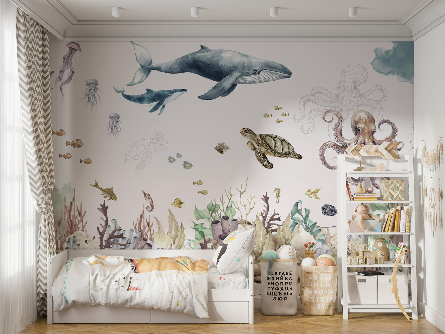 Playful dolphins in soft ocean tones mural.
