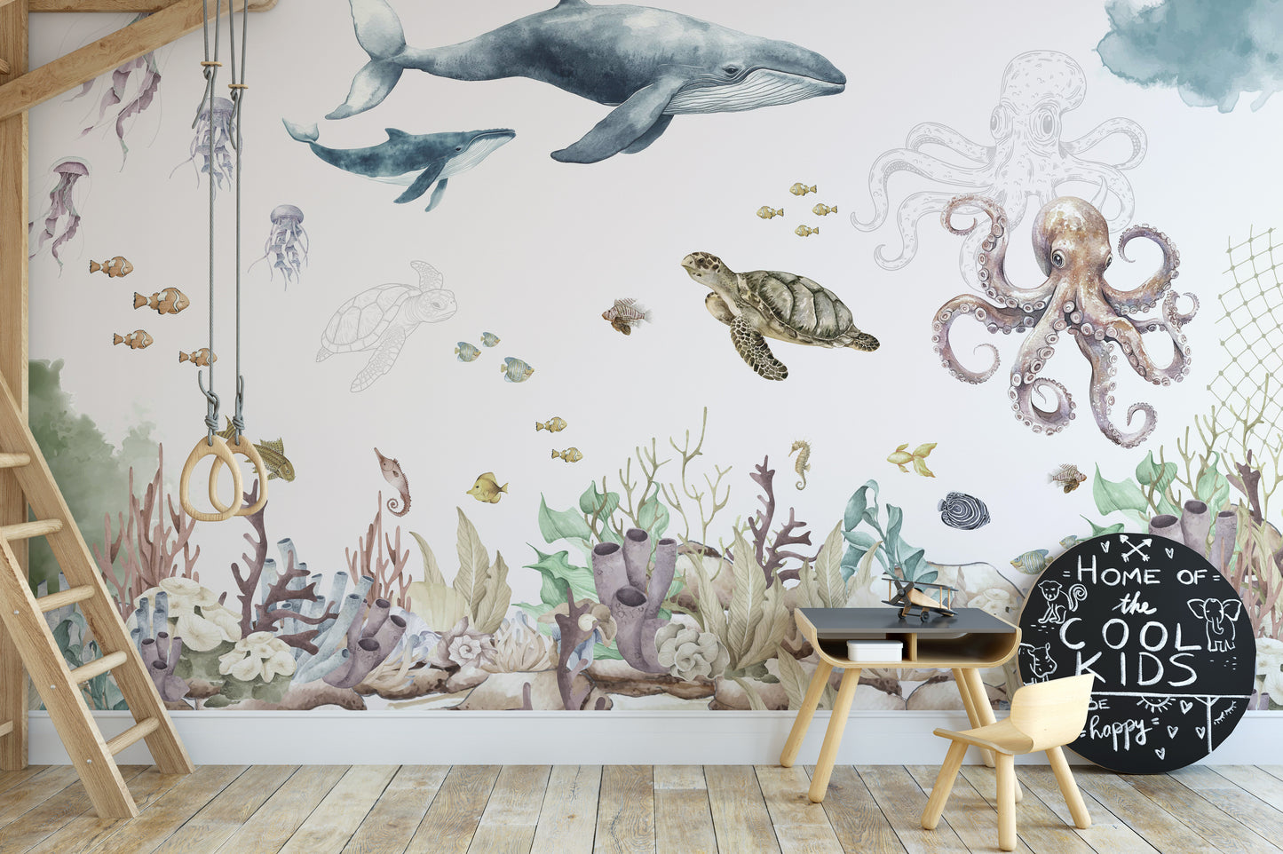 Soft blue waves and sea creatures wall design.
