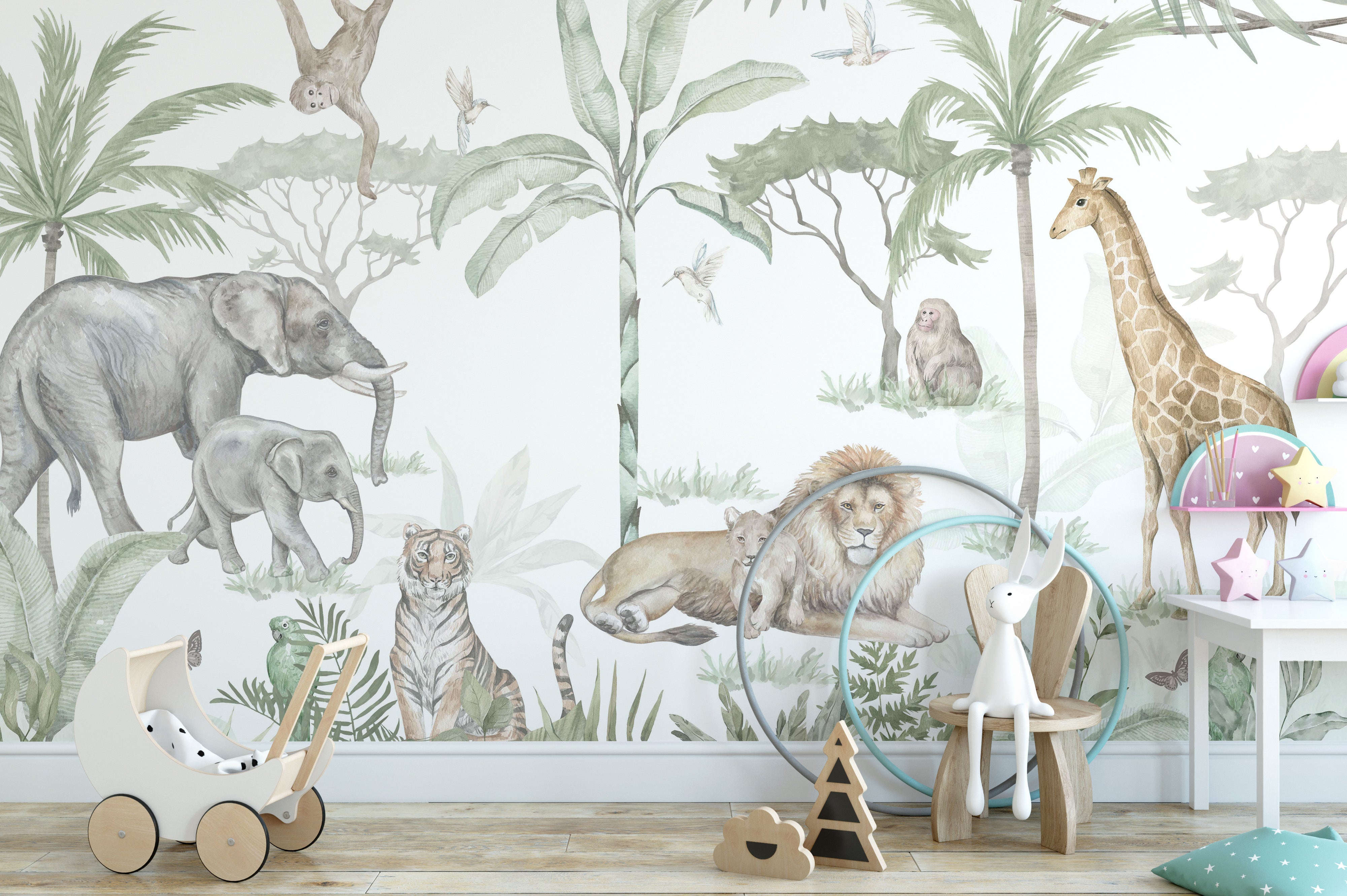 Hand-painted jungle animals in a soft mural.
