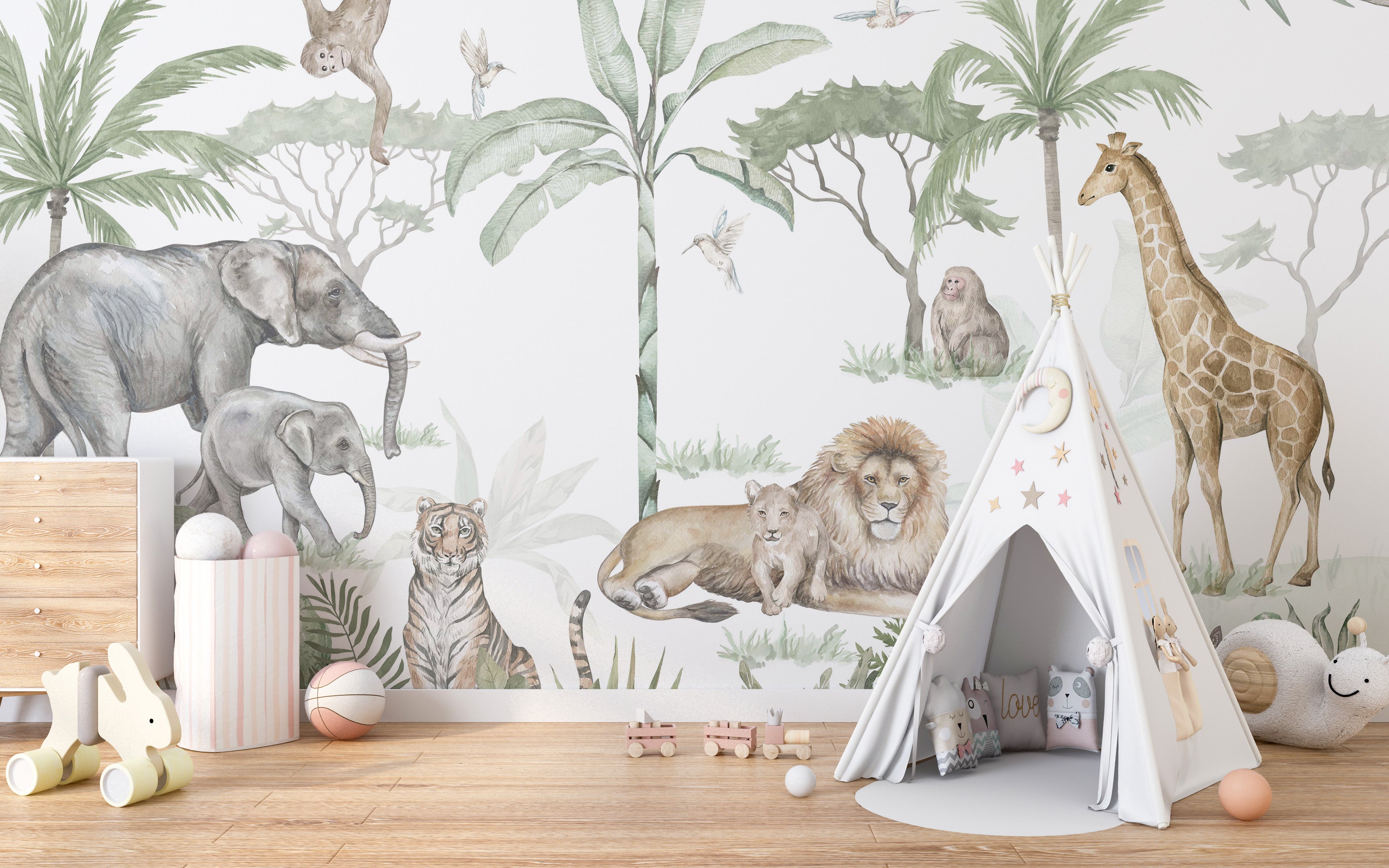 Gentle jungle tones in a safari wall mural.
