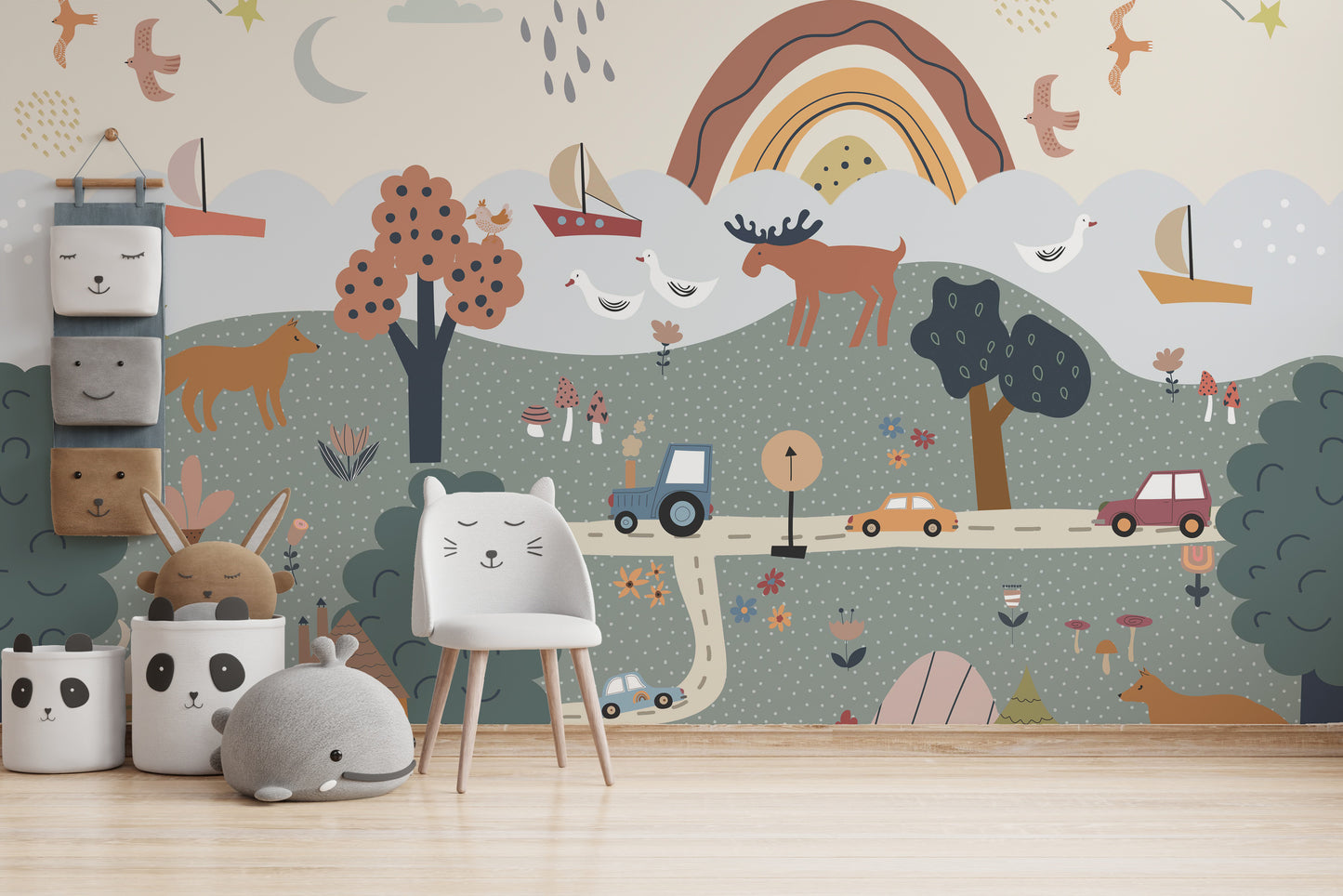 Cozy Nordic forest with delicate hand-drawn details.




