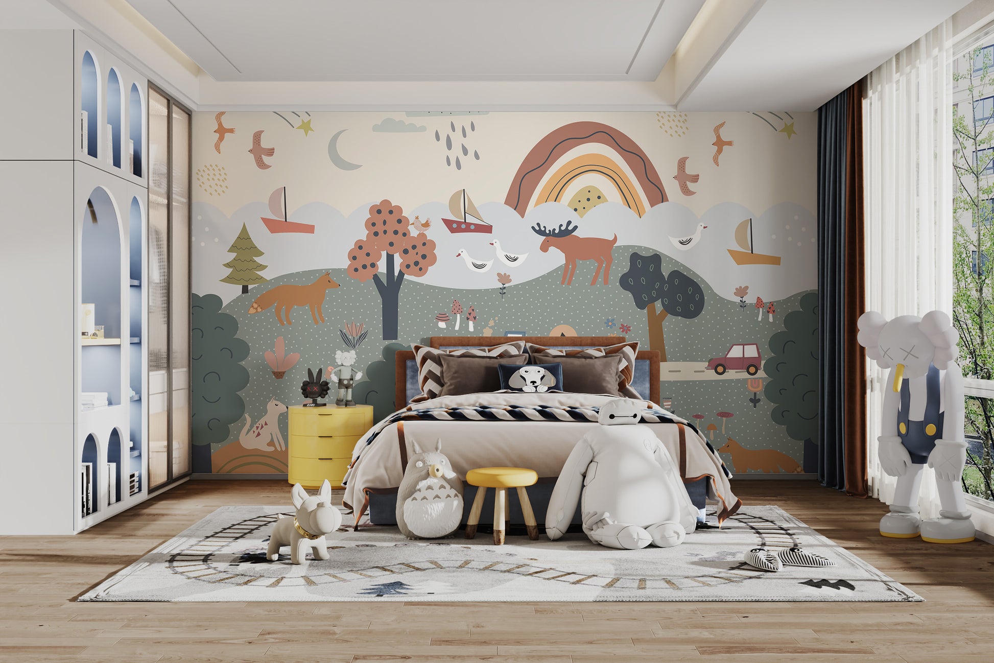 Whimsical woodland creatures in a cozy forest.
