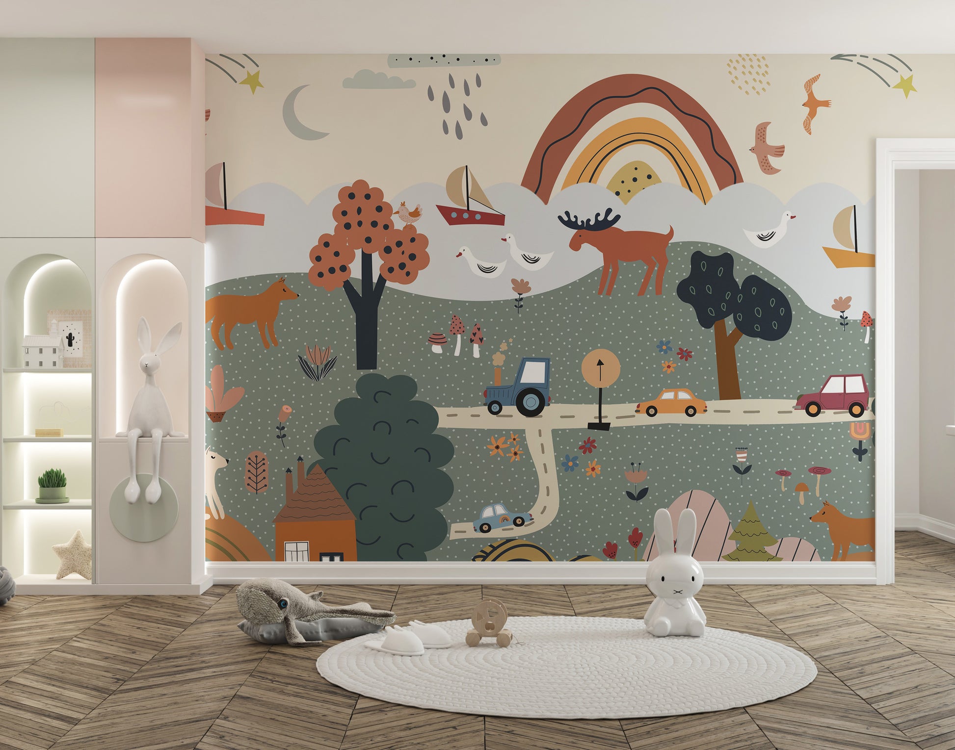 Minimalist woodland scene in soft Nordic tones.
