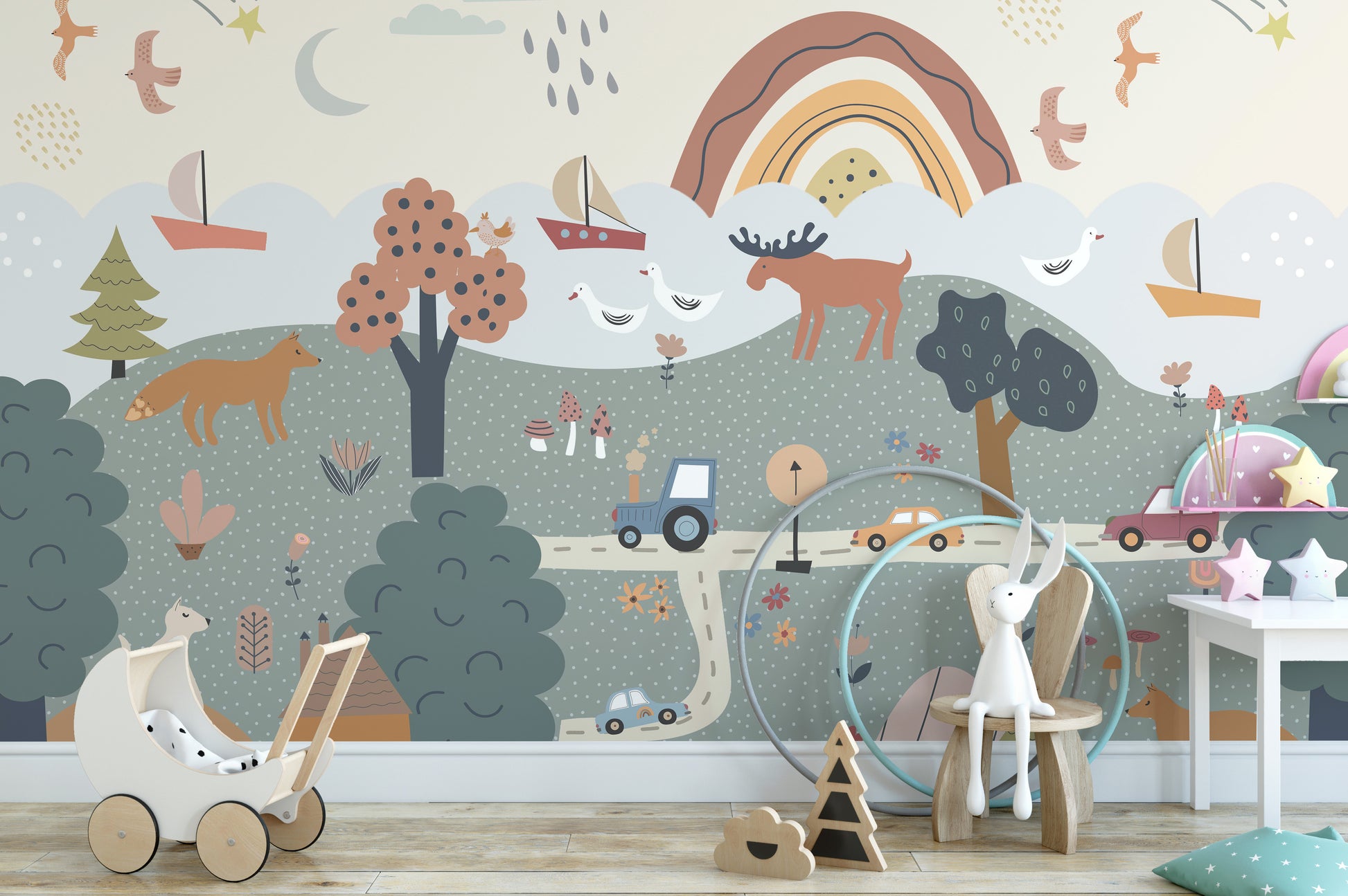 Playful forest animals in a dreamy Nordic setting.
