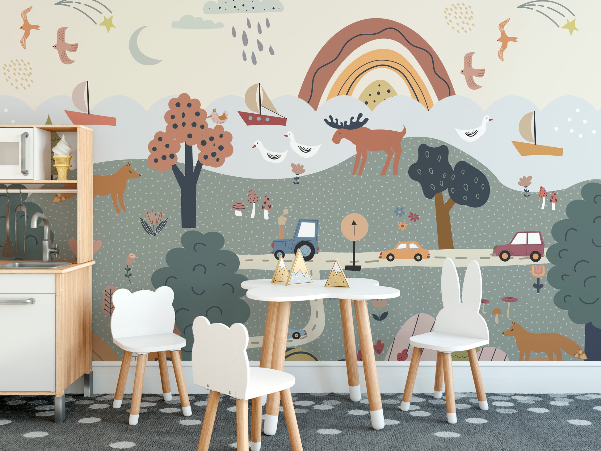 Gentle pastel trees in a Scandinavian-style mural.
