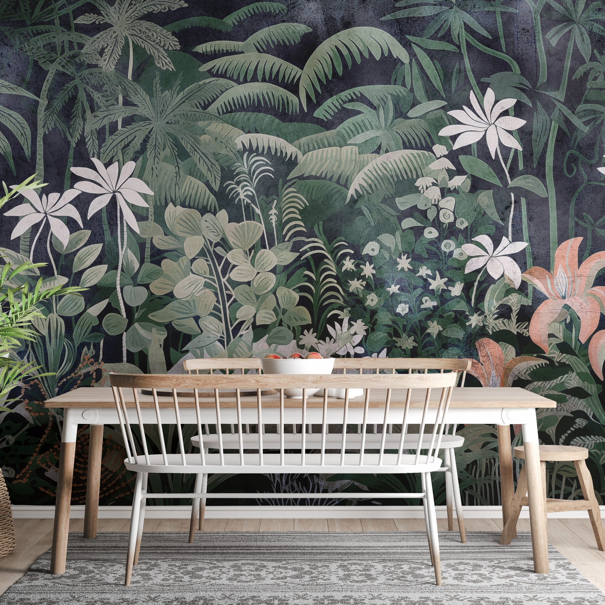 Tropical forest wallpaper mural featuring exotic greenery.