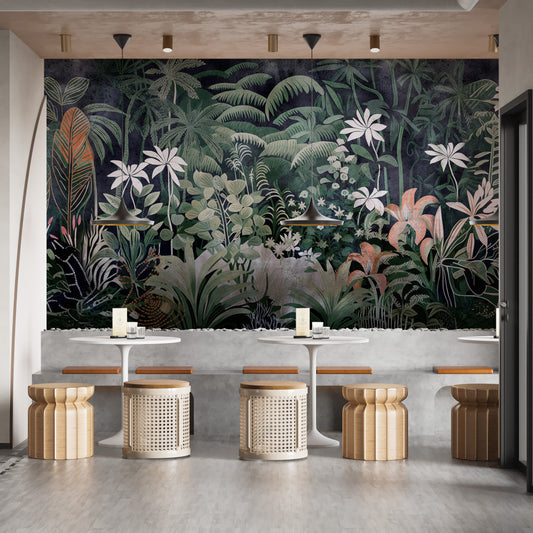 Equatorial jungle wallpaper mural with vibrant leaves.