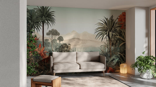 Vintage tropical wallpaper with lush flora and serene valley