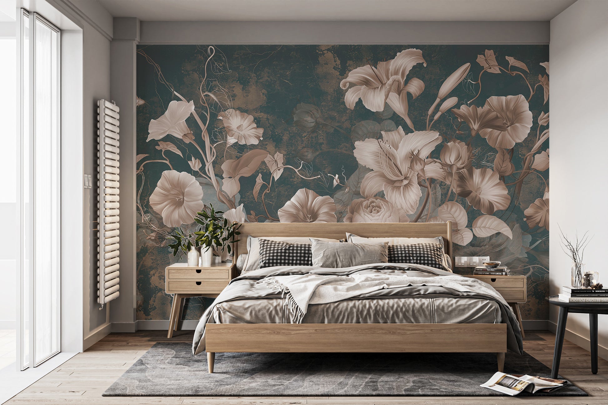 Artistic floral wall mural with muted earthy hues
