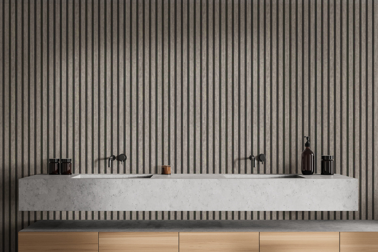 Gray vertical striped wood wallpaper for modern interiors
