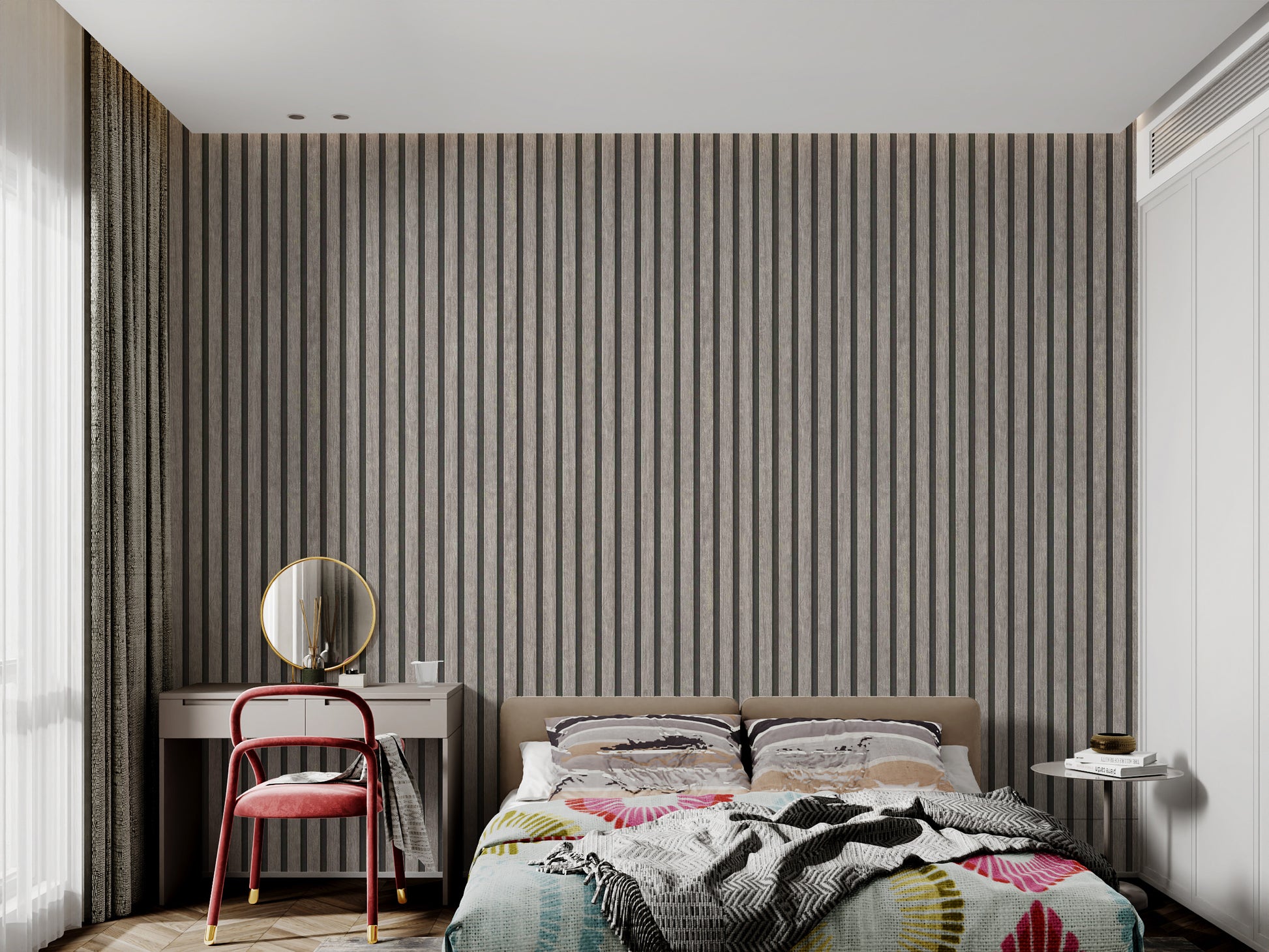 Modern vertical wood panel wallpaper for sleek walls
