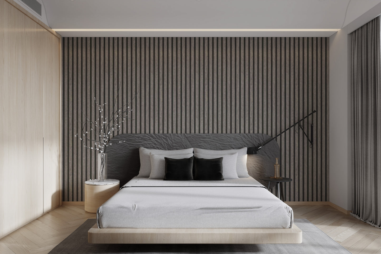 Minimalist gray wood wallpaper with vertical stripes
