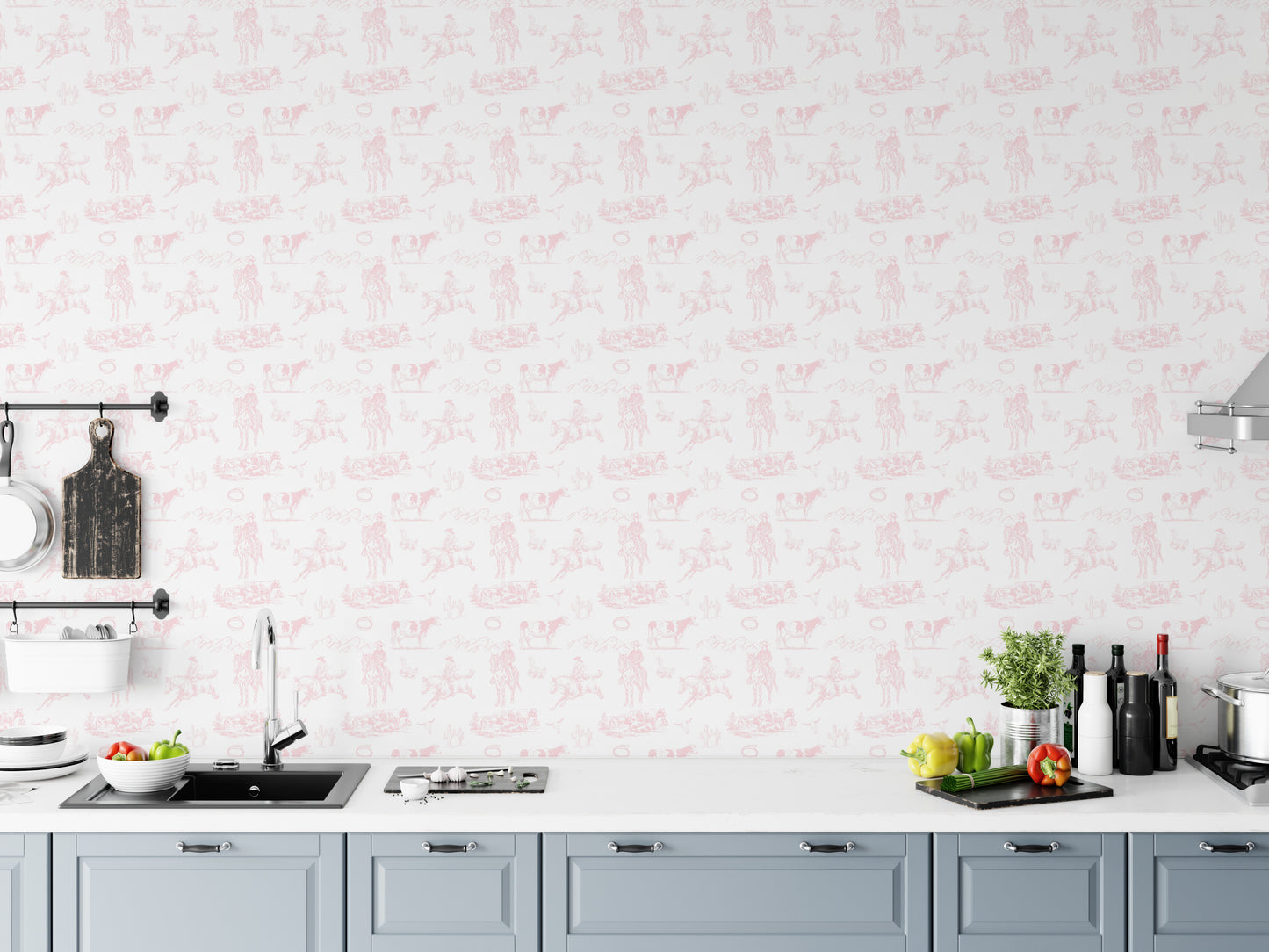 Rodeo-Themed Pink Toile Wallpaper with Horses and Cowgirls
