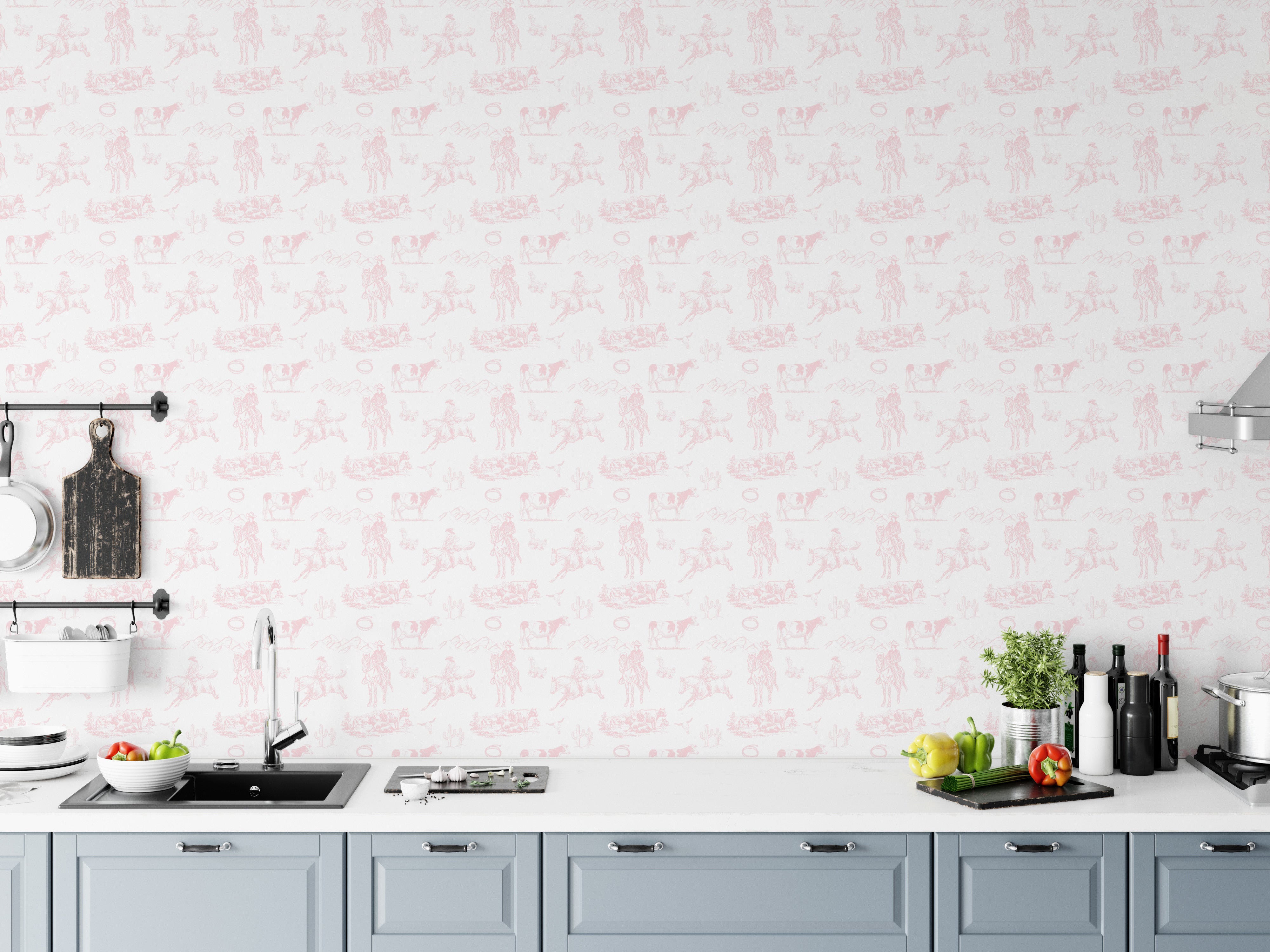 Rodeo-Themed Pink Toile Wallpaper with Horses and Cowgirls
