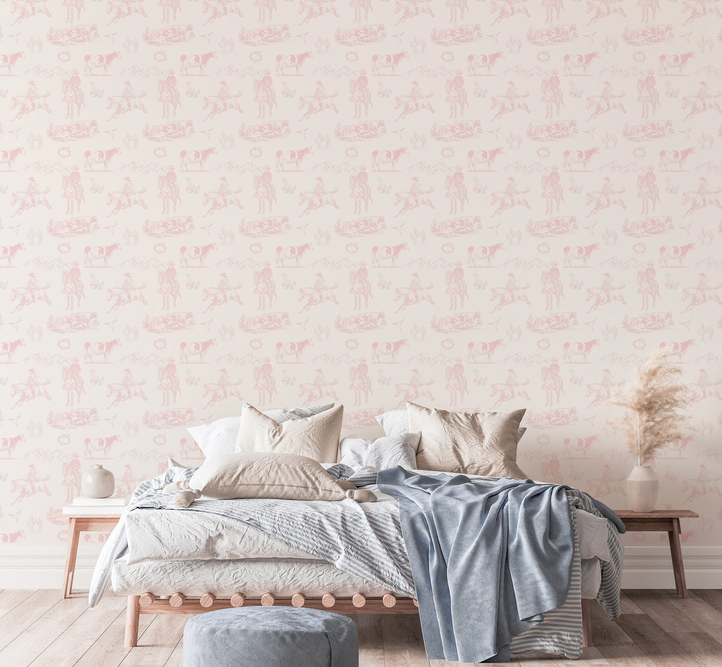 Wild West-Inspired Pink Wallpaper with Classic Toile Design
