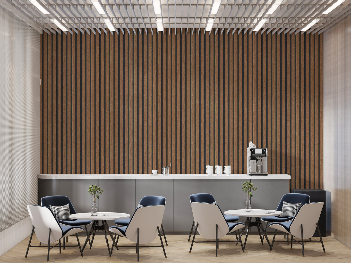 Brown wood panel wall covering with vertical striped design
