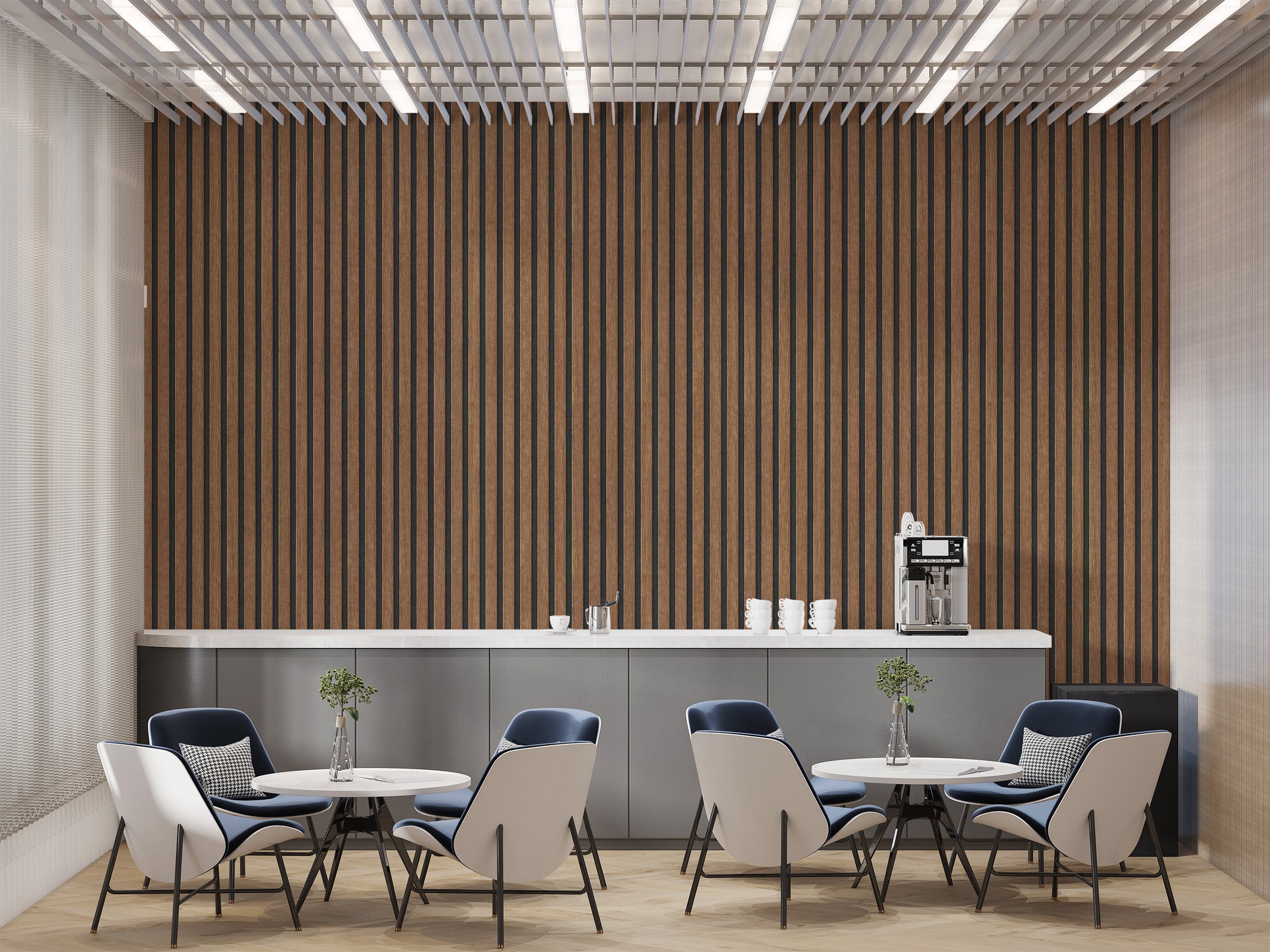 Brown wood panel wall covering with vertical striped design
