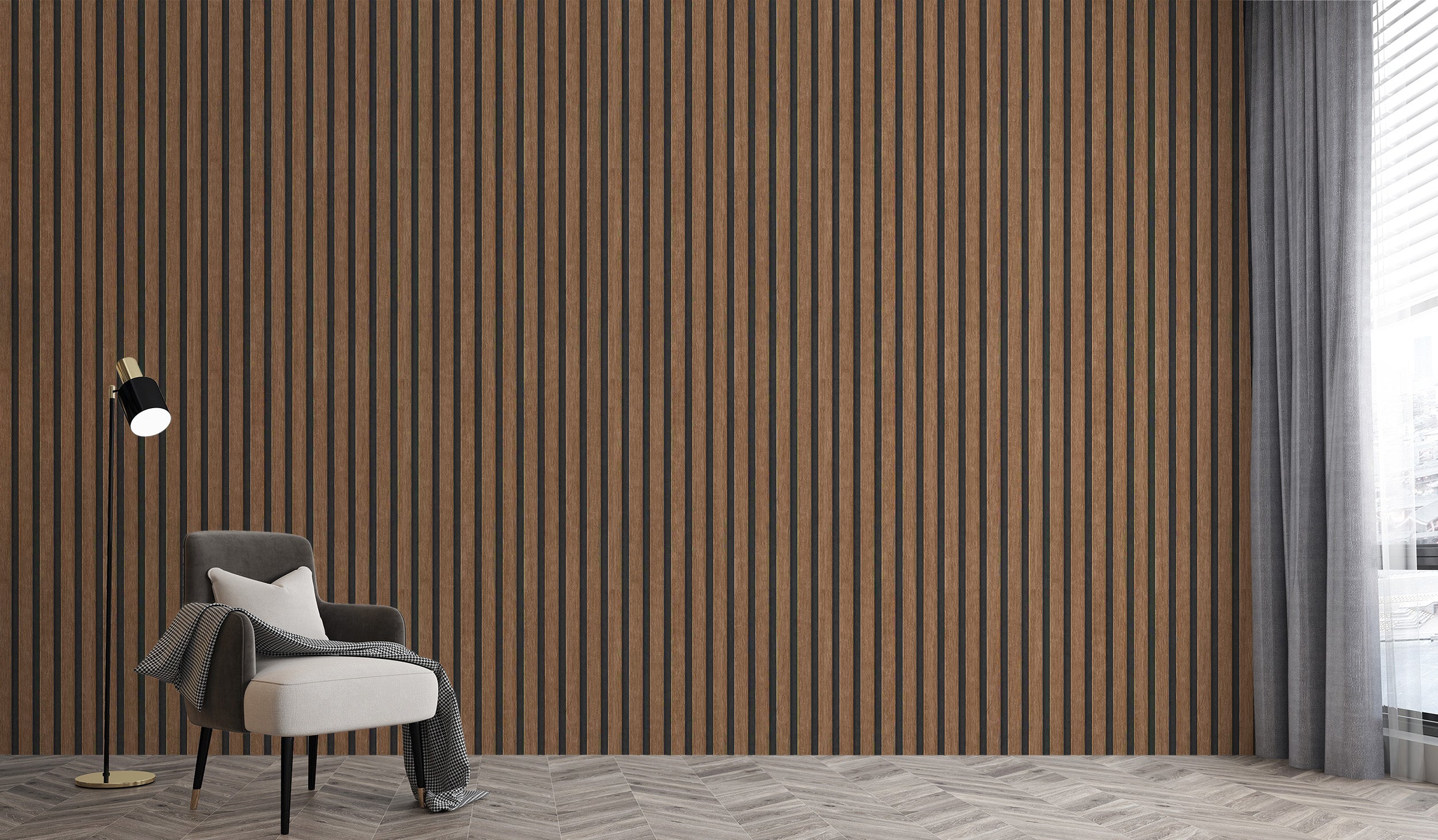 Faux wood paneling wallpaper with realistic grain pattern
