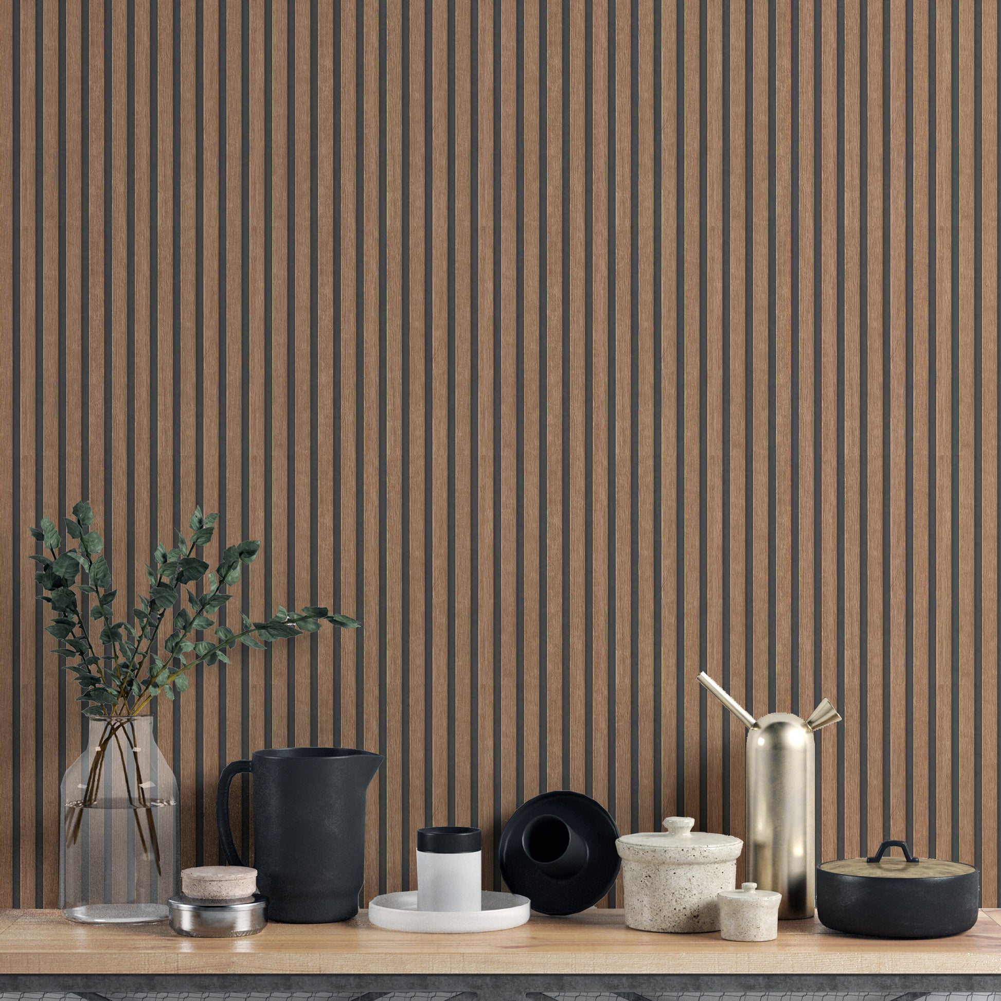 Brown wood grain panel wallpaper for a sophisticated look
