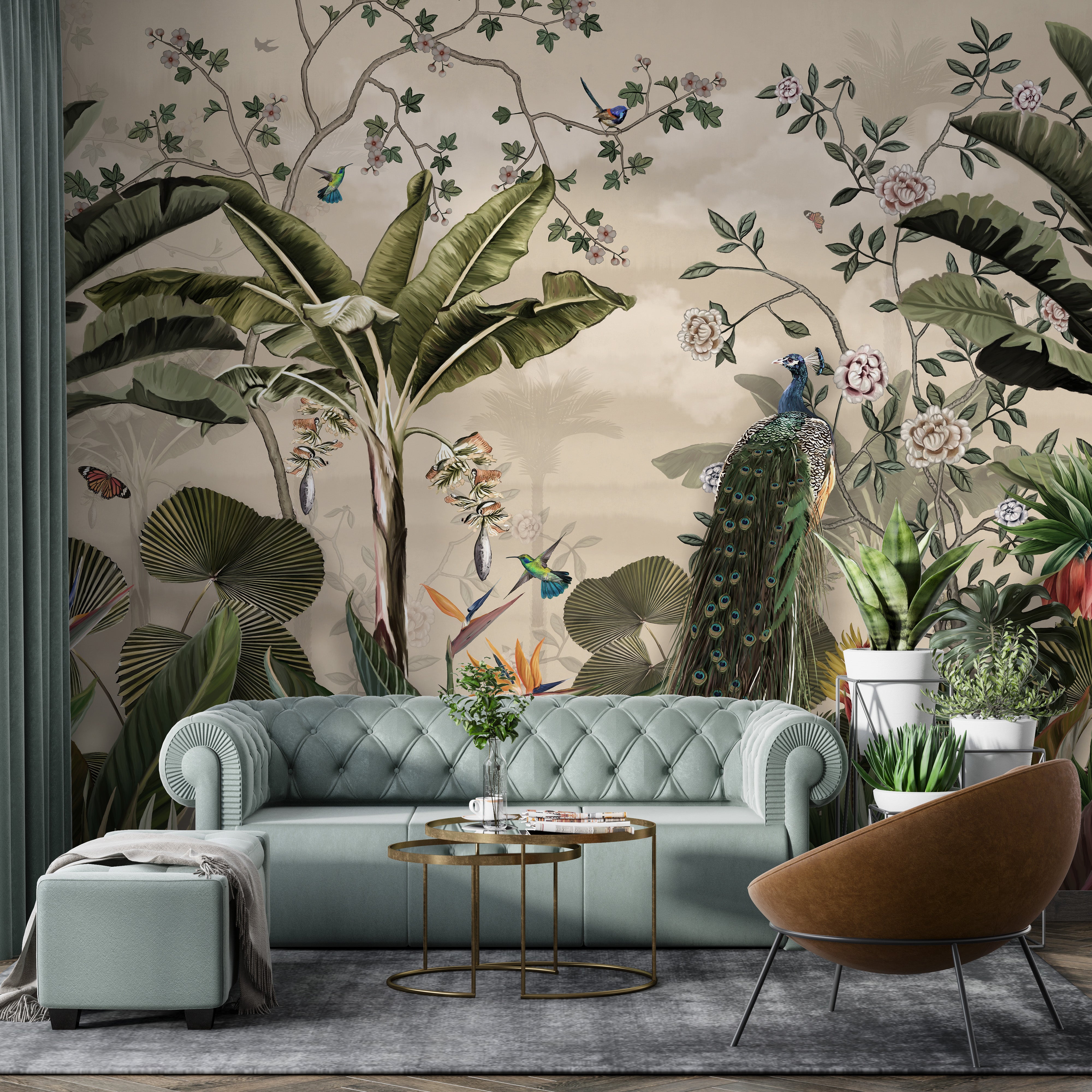 Jungle foliage wallpaper mural with detailed artistic design
