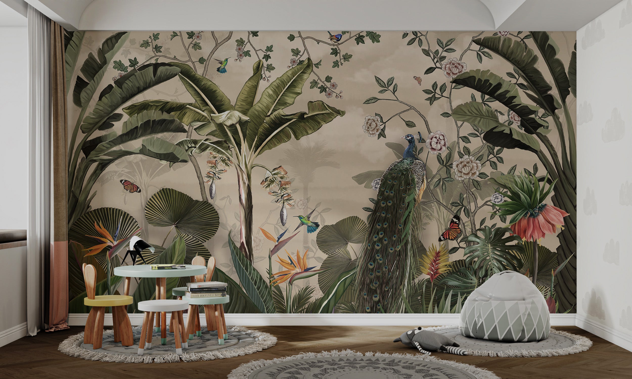 Vintage rainforest wall mural with lush greenery and peacock
