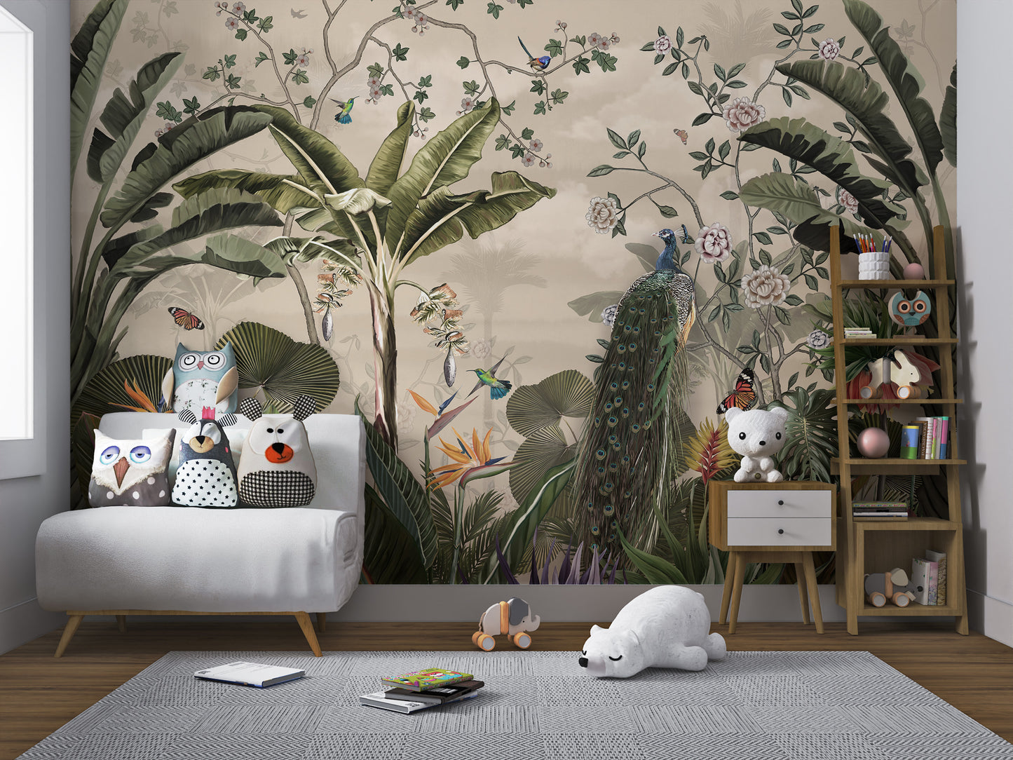 Hand-painted tropical mural wallpaper with birds and flowers
