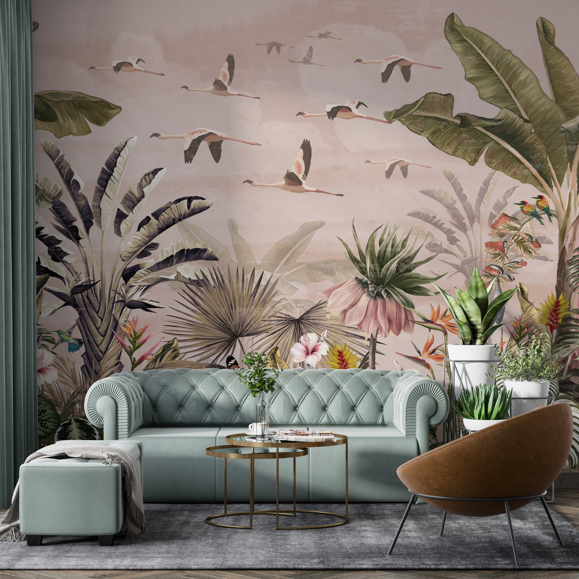 Tropical jungle wallpaper mural with soft vintage tones
