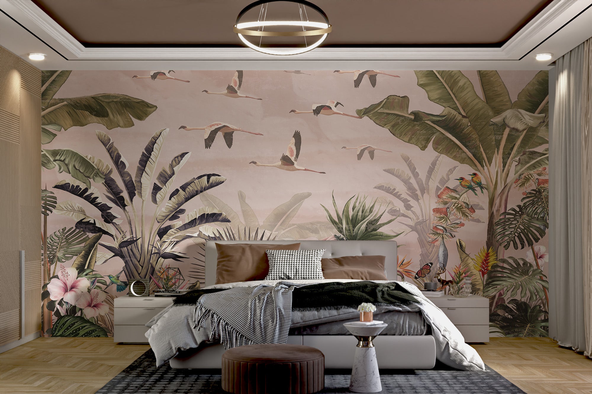 Tropical rainforest decor with elegant flamingo design
